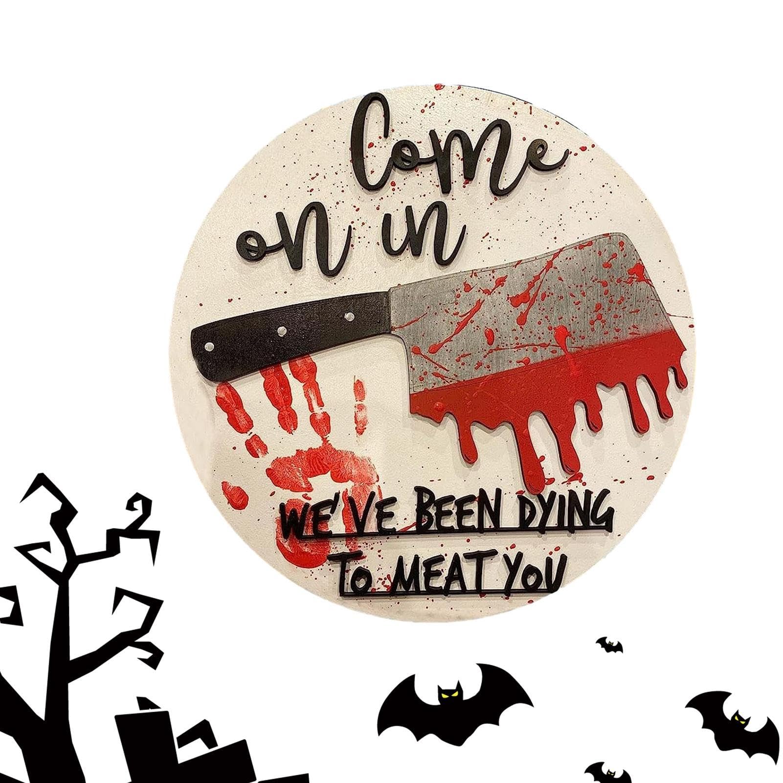 Geruwam Welcome Halloween Sign Porch Scary Sign Wood Welcome Sign With Bloody Pattern For Front Door Window Home Wall Fireplace Porch Decor