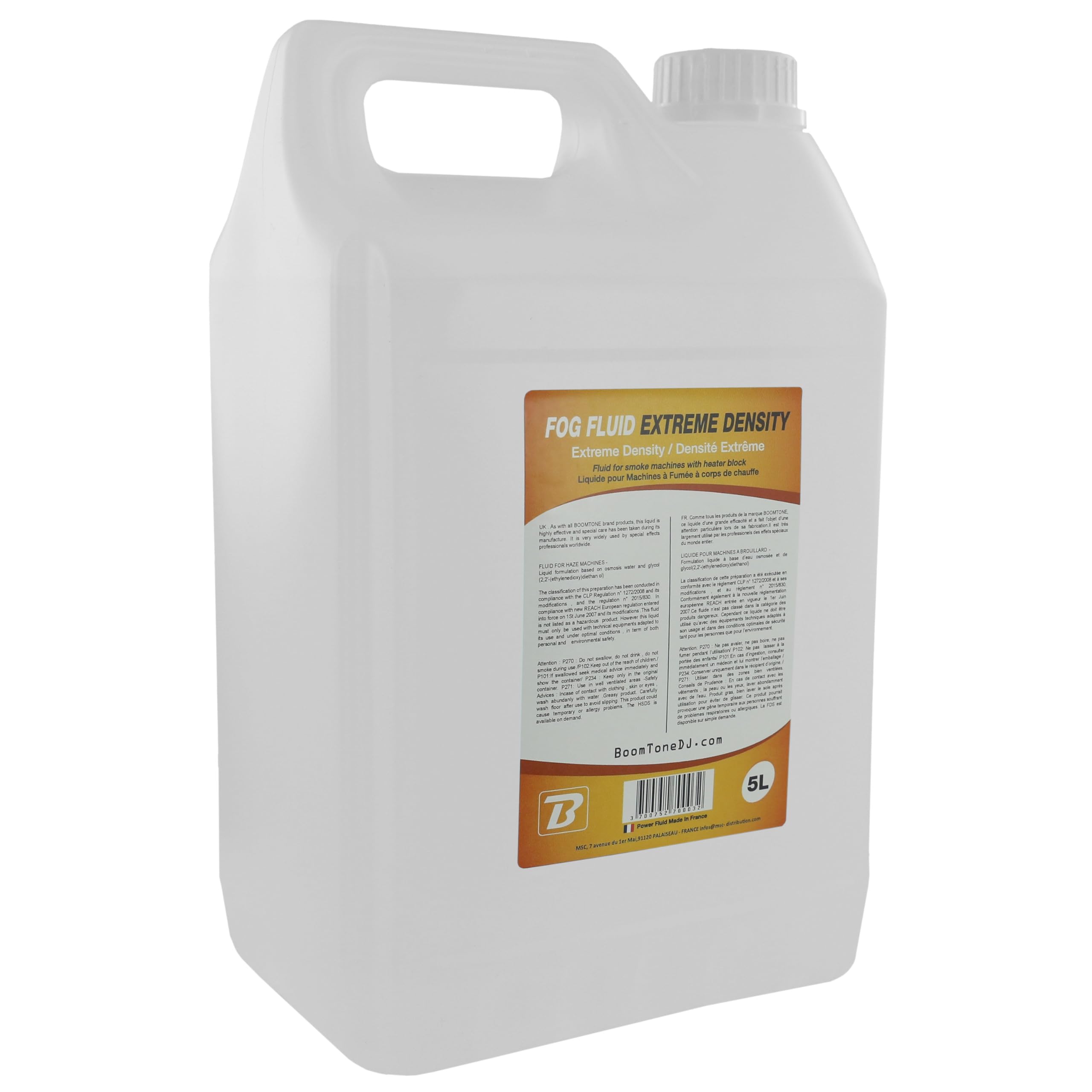 Fog Fluid Extrem Density pour machine à fumée 5L, haute densité, biodégradable, non toxique, BoomToneDj, parfait pour vos évènements professionnels ou personnels.