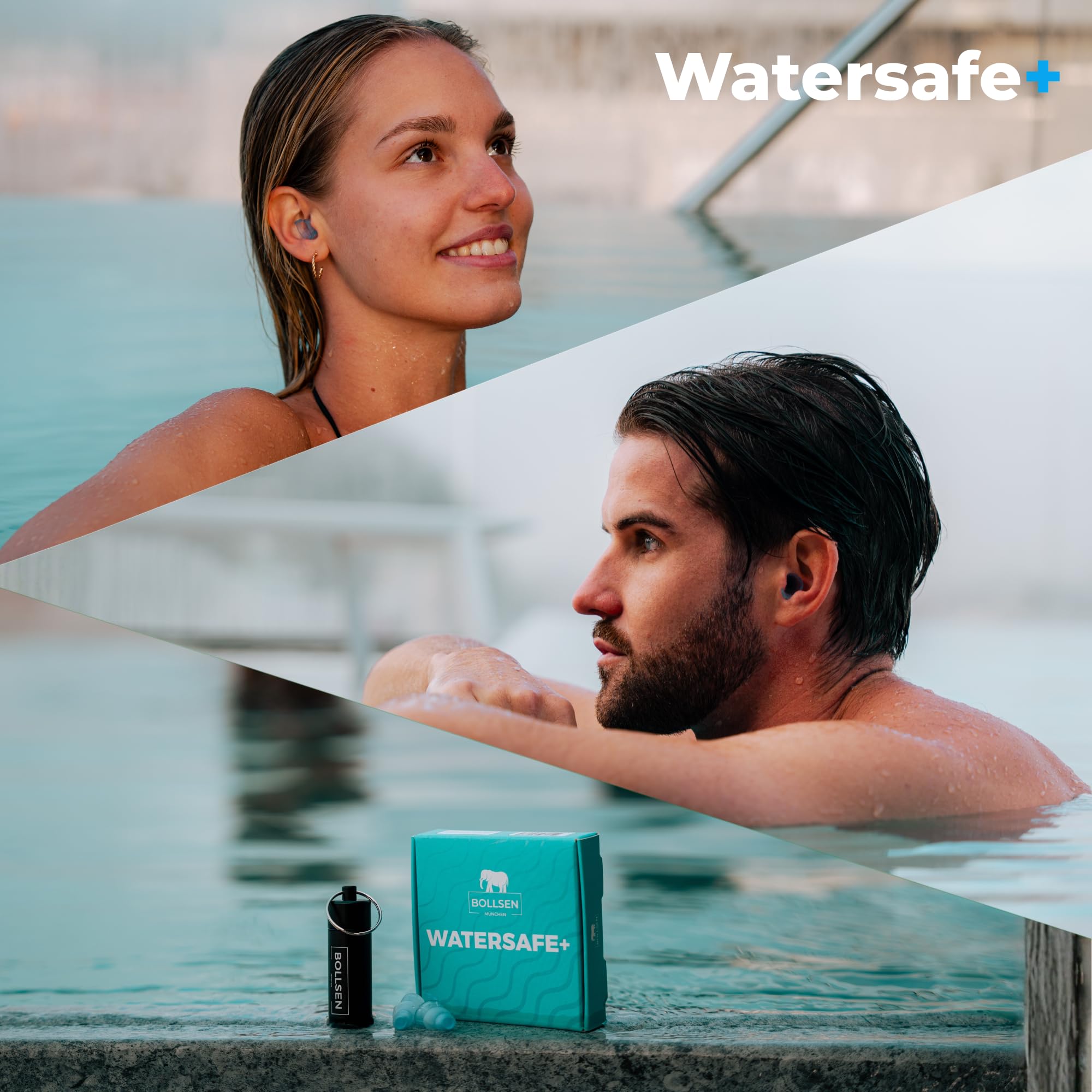 BOLLSEN Watersafe+ Schwimm Ohrstöpsel für Erwachsene – Wiederverwendbare Silikon Ohrstöpsel für Dusche, Bad, Schwimm & Wassersport – Wasserdicht mit 24 dB Lärmminderung (1)