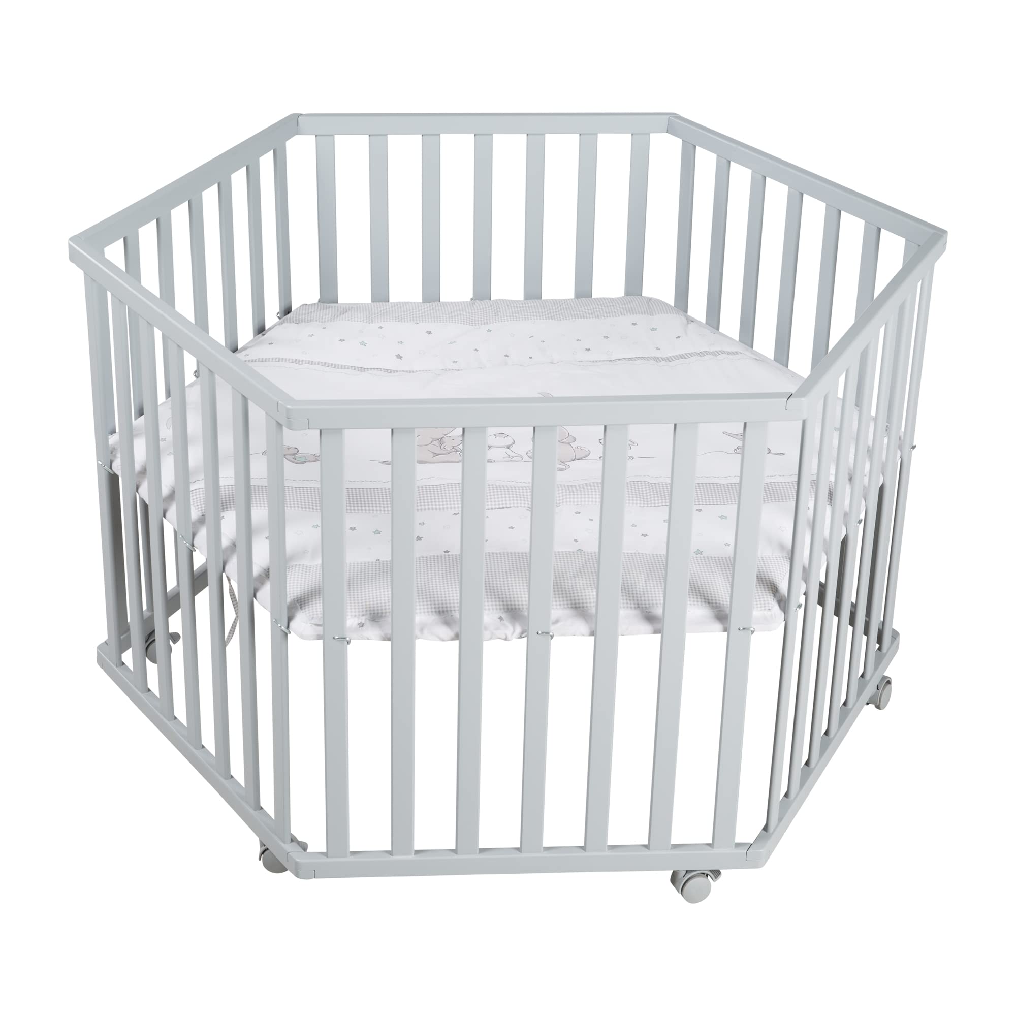 roba Parc Bébé Hexagonal en Bois "​Sternenzauber" + Tapis de Parc + Roues Avec Freins + Base Ajustable en Hauteur - Gris