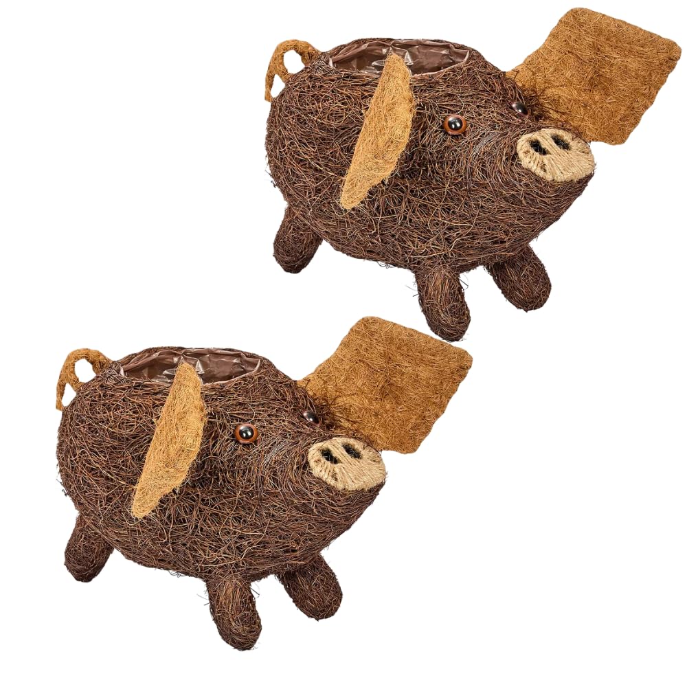 Garden Mile Garden Set of 2 Pig Planter Novelty Plant Pot Rattan Outdoor Planter Farm Animal Themed Flower Planters Rattan Straw Plant Pots Outdoor Patio Decoration