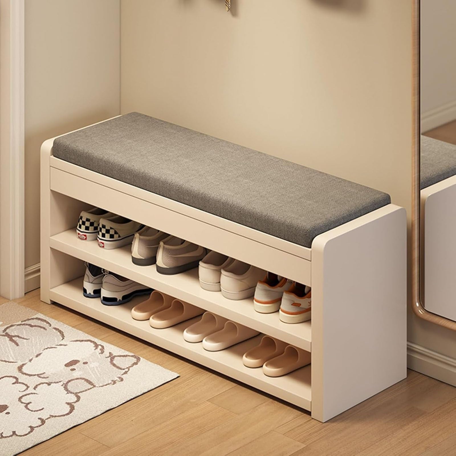 LWJSOCP Cushioned Shoe Bench with Storage - 2-Tier Entryway nizer Wooden Ottoman for Living Room Stylish White Shoe Rack Stool (80cm/31.5inch)