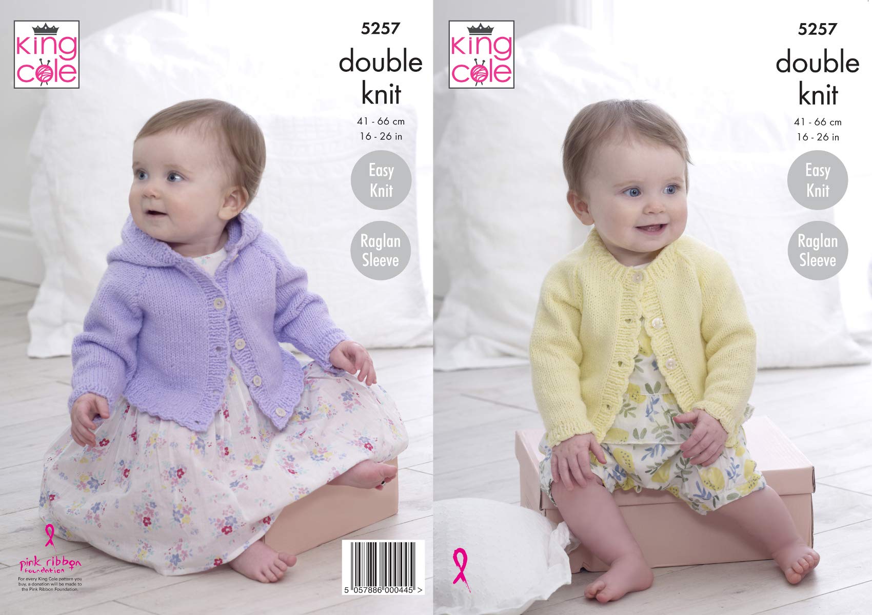 King Cole Baby Double Knitting Pattern Easy Knit Round Neck Hooded Cardigan 5257