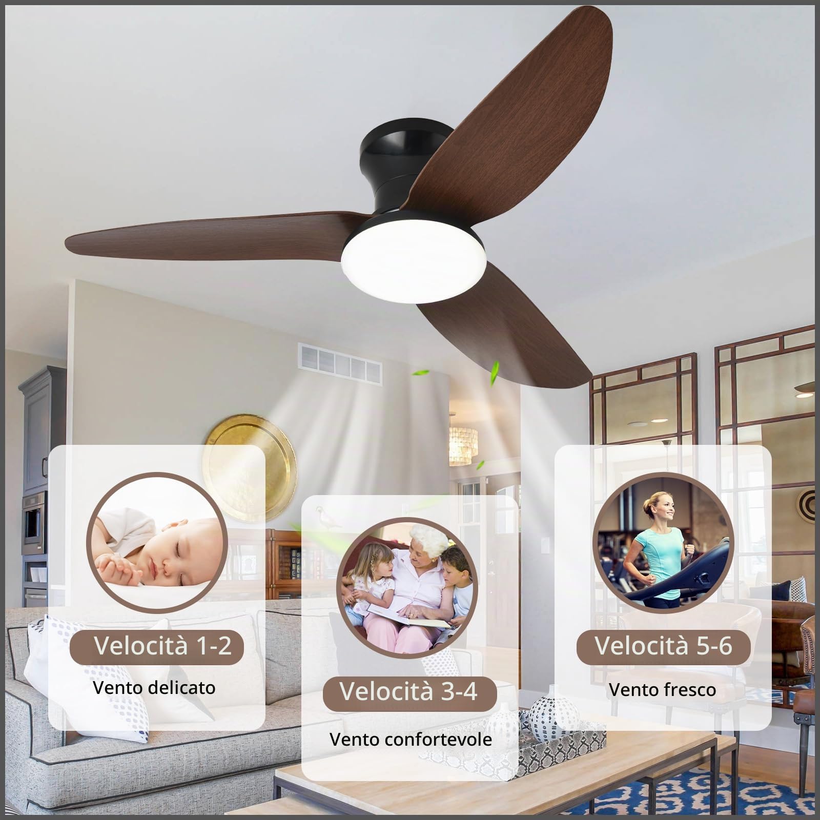 Grande Ventilatore da Soffitto con Luce Soggiorno Dimmerabile Telecomando LED Lampadario Ventilatore Reversibile Silenzioso Dc Plafoniera Con Ventilatore 6 Velocità Intelligente Moderno