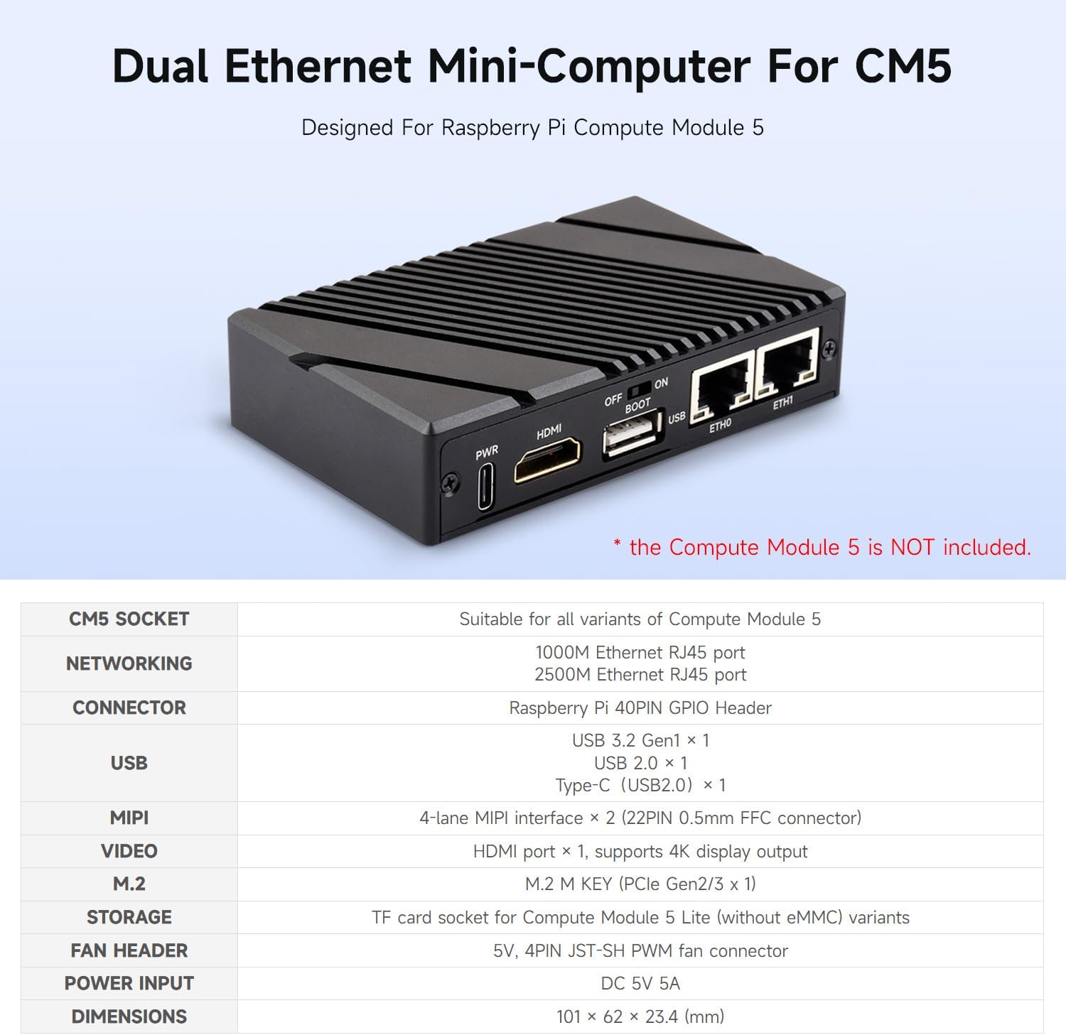 Waveshare Gigabit / 2.5G Dual Ethernet Mini-Computer (B), Compatible with Pi CM5, Dual RJ45 Ethernet Ports, Supports 4K Display Output and Dual MIPI Interfaces, Onboard 40Pin GPIO Header