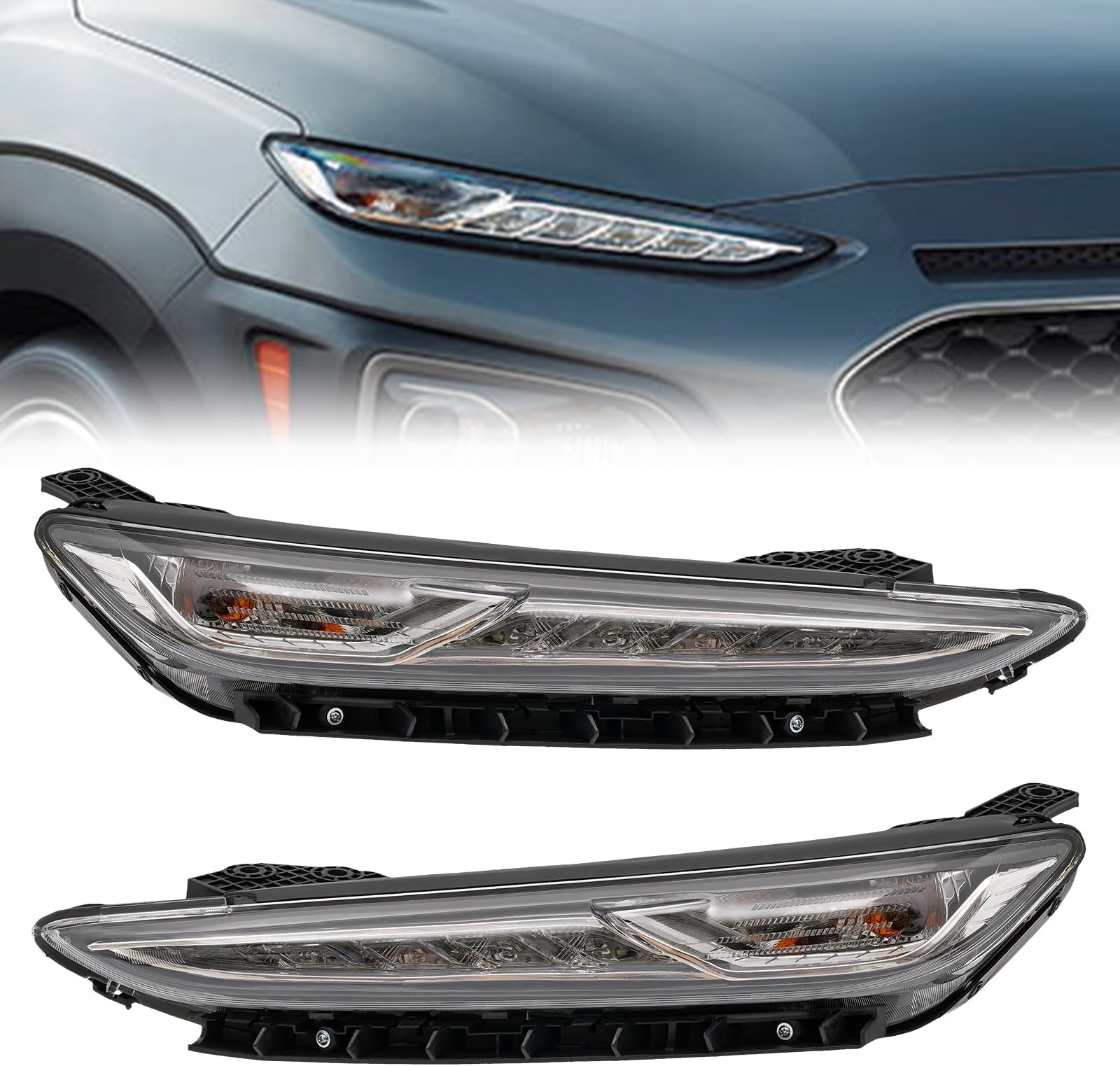 LED DRL Headlight Lamps for 2018 2019 2020 2021 Hyundai Kona, Black Housing Headlamps Direct Replacement (Both Side)