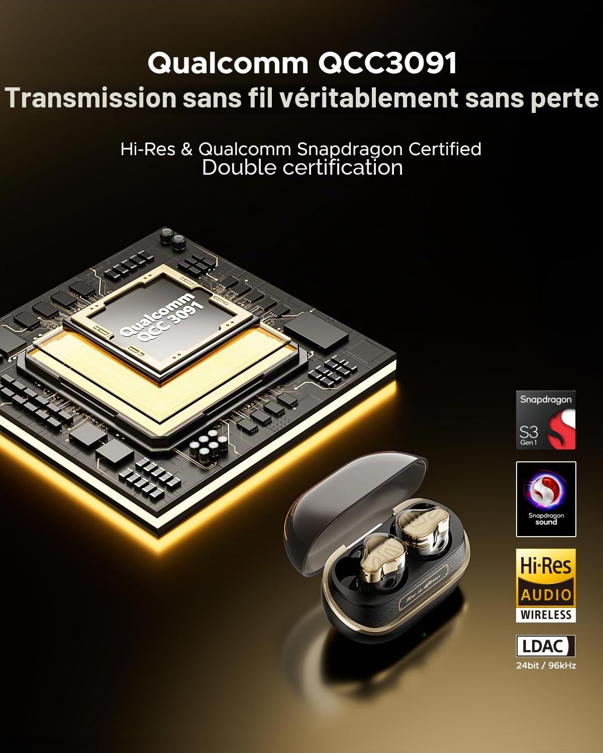 SoundPEATS H3 Écouteurs Hi-FI sans Fil Réducteur de Bruit [VGP2025], 3 Drivers (2BA+DD 12mm), LDAC & aptX Lossless, Audio Hi-Res, Snapdragon Sound, ANC Hybride 55dB, 37H