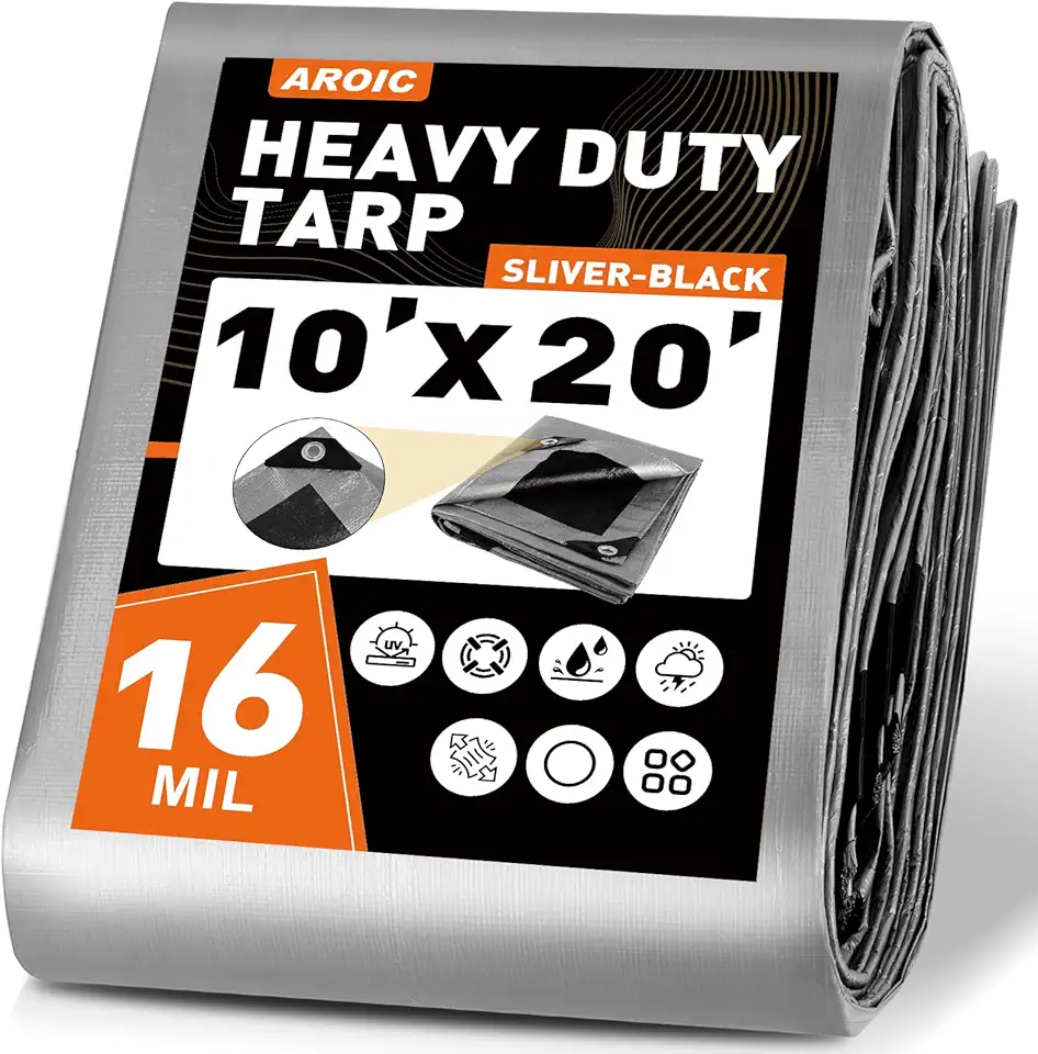 AROIC 10x20FT Heavy Duty Tarps, Waterproof 16 Mil Thick Camping Tarp with 15x17 Weave, Large Waterproof Tarp Tear Resistant UV Resistant Multipurpose Protective Cover for Tent Car Roof Boat