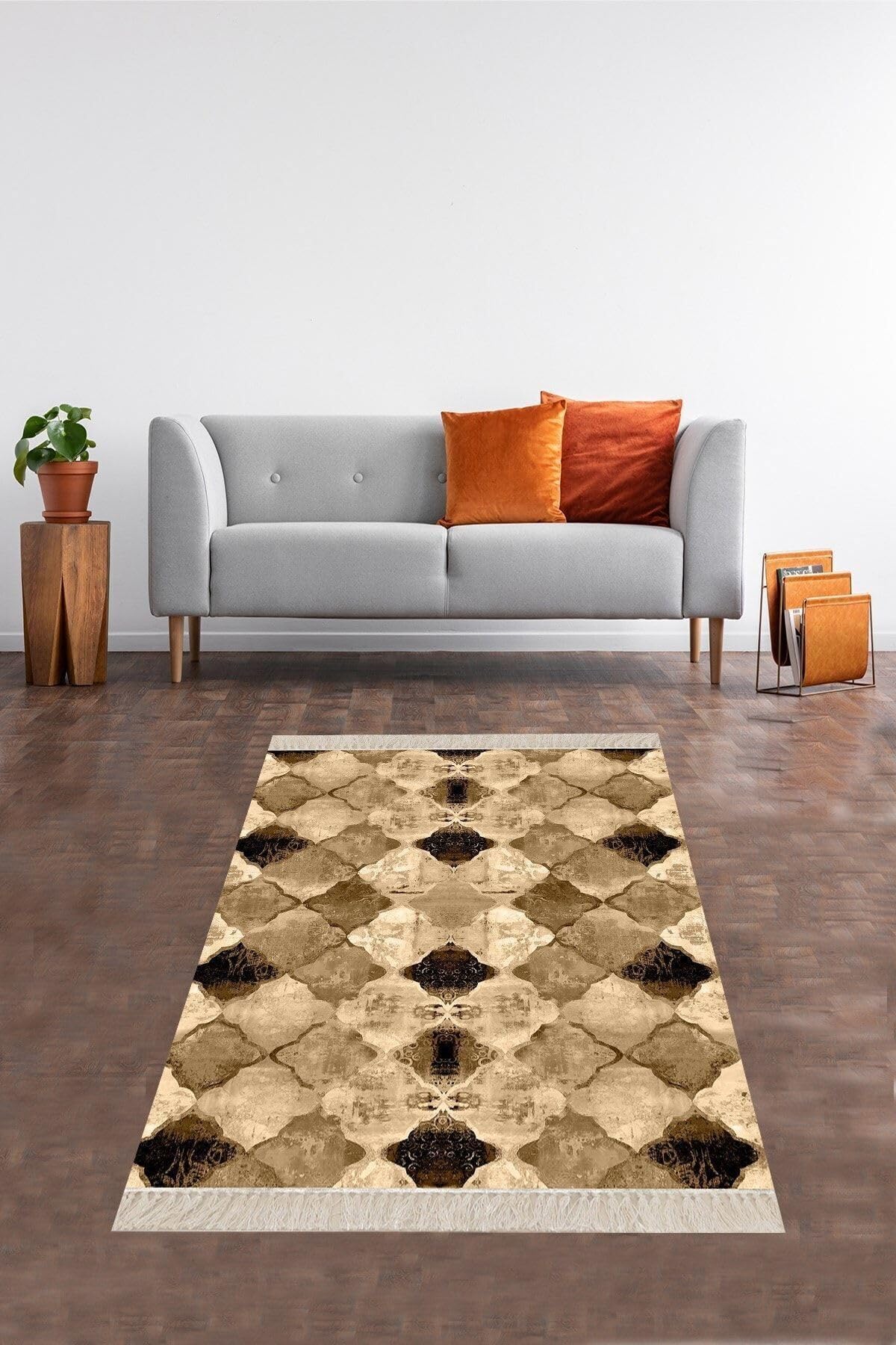 Pelangi Bej Geometrik Karo Desenli Dijital Baskı Yıkanabilir Kaymaz Taban Etnik Kilim Desen Salon Halı, Bej 100 x 400