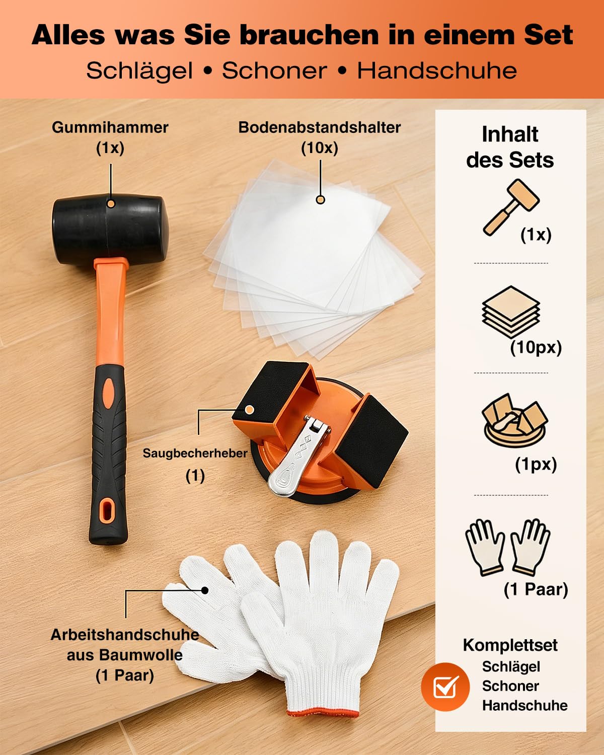 Saker Laminat Verlegeset mit Saugnapf & Schlagfunktion, Laminat Reparaturset für Bodenfugen, Bodenlücken schließen Werkzeug für Laminat & Vinyl, Flooring Installation(Single Saugtasche + Gummi Mallet)