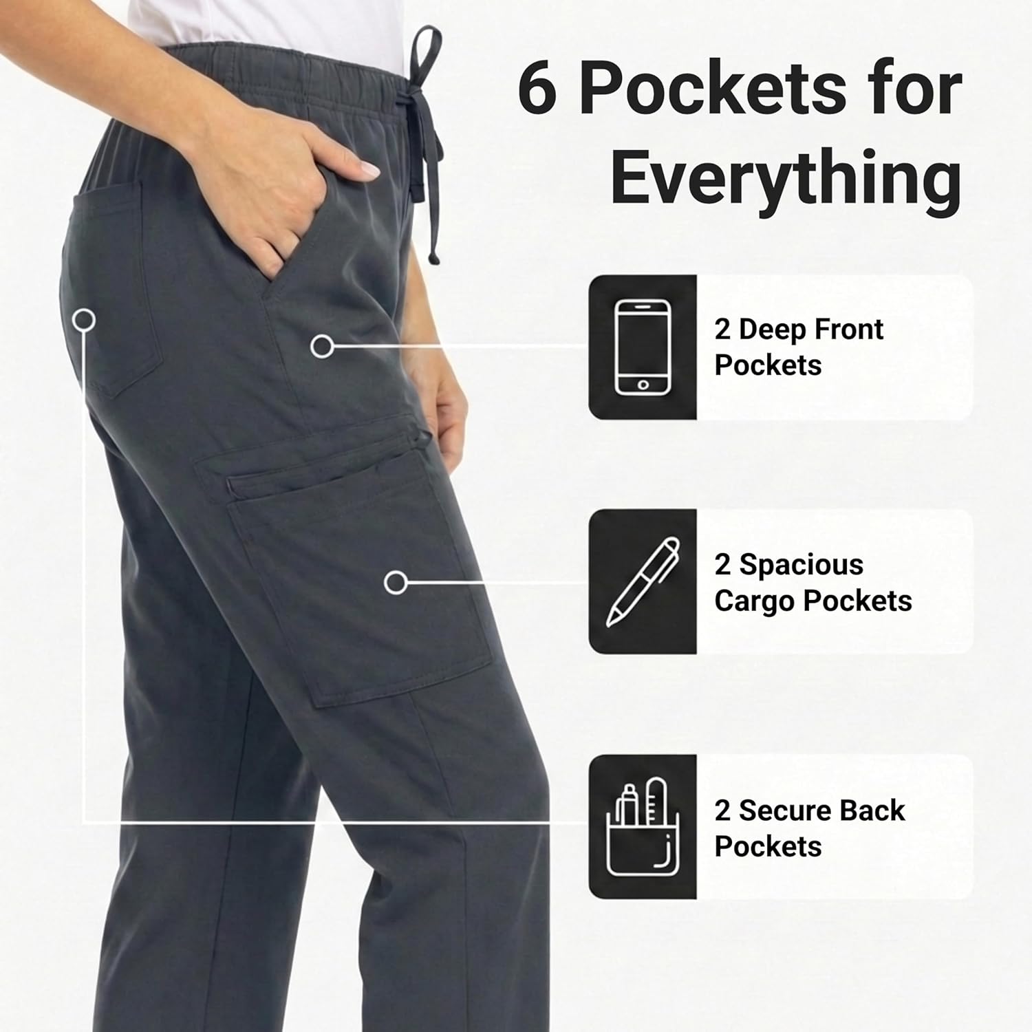 MediChic Women's 6-Pocket Scrub Pants – Cargo Straight Leg, 4-Way Stretch, Anti-Wrinkle, Flex Fabric Workwear Uniforms - Image 2
