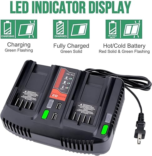 Miniatura 5 de CMCB124 Dual Port V20 Cargador de Batería Reemplazo Rápido para Craftsman 20V MAX Litio CMCB202 CMCB204 CMCB206 con 2 Puertos USB Negro