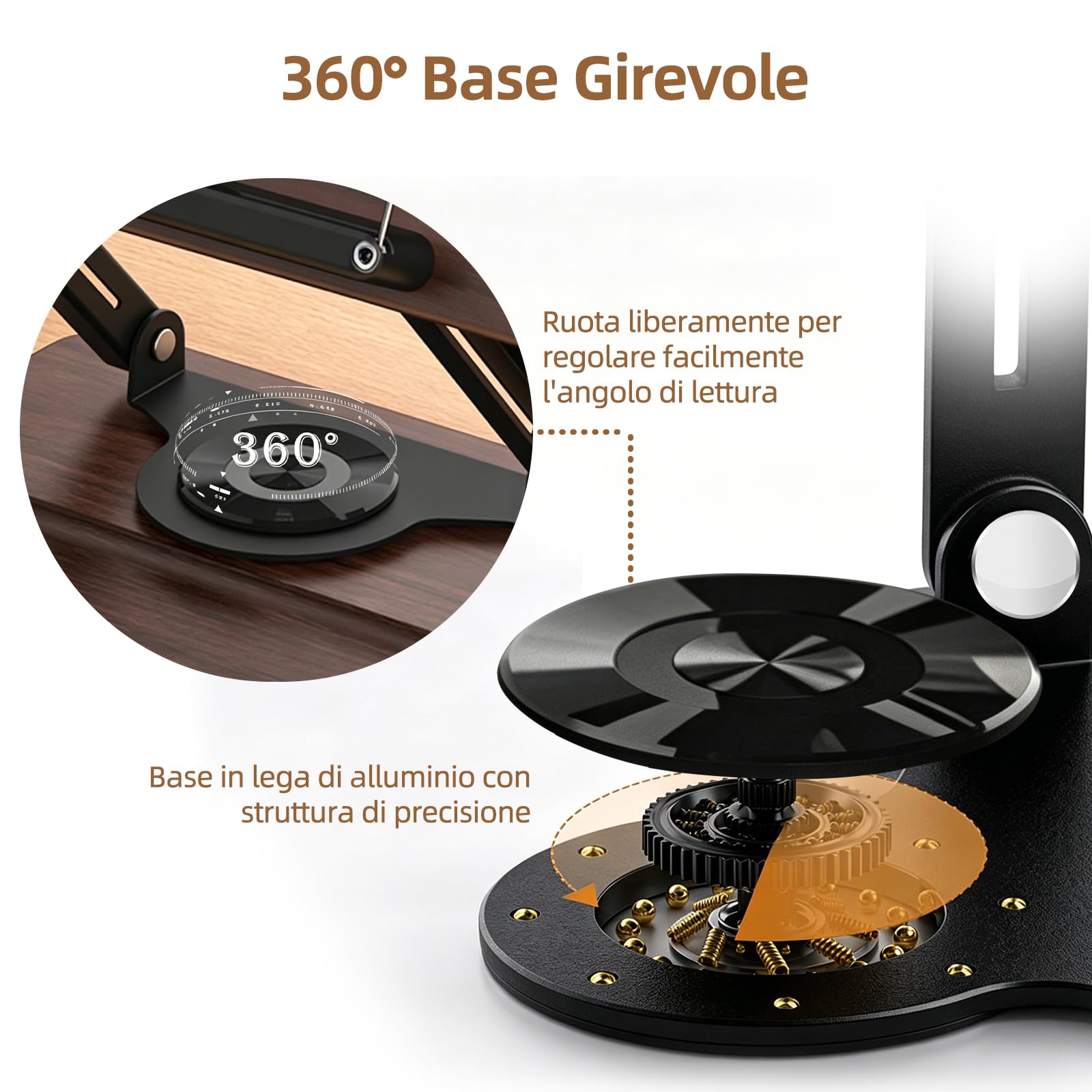 Leggio per lettura, supporto da lettura girevole a 360° e pieghevole, regolabile con clip laterale elastica a sfera e portapenne per libri, tablet, laptop (elegante legno)