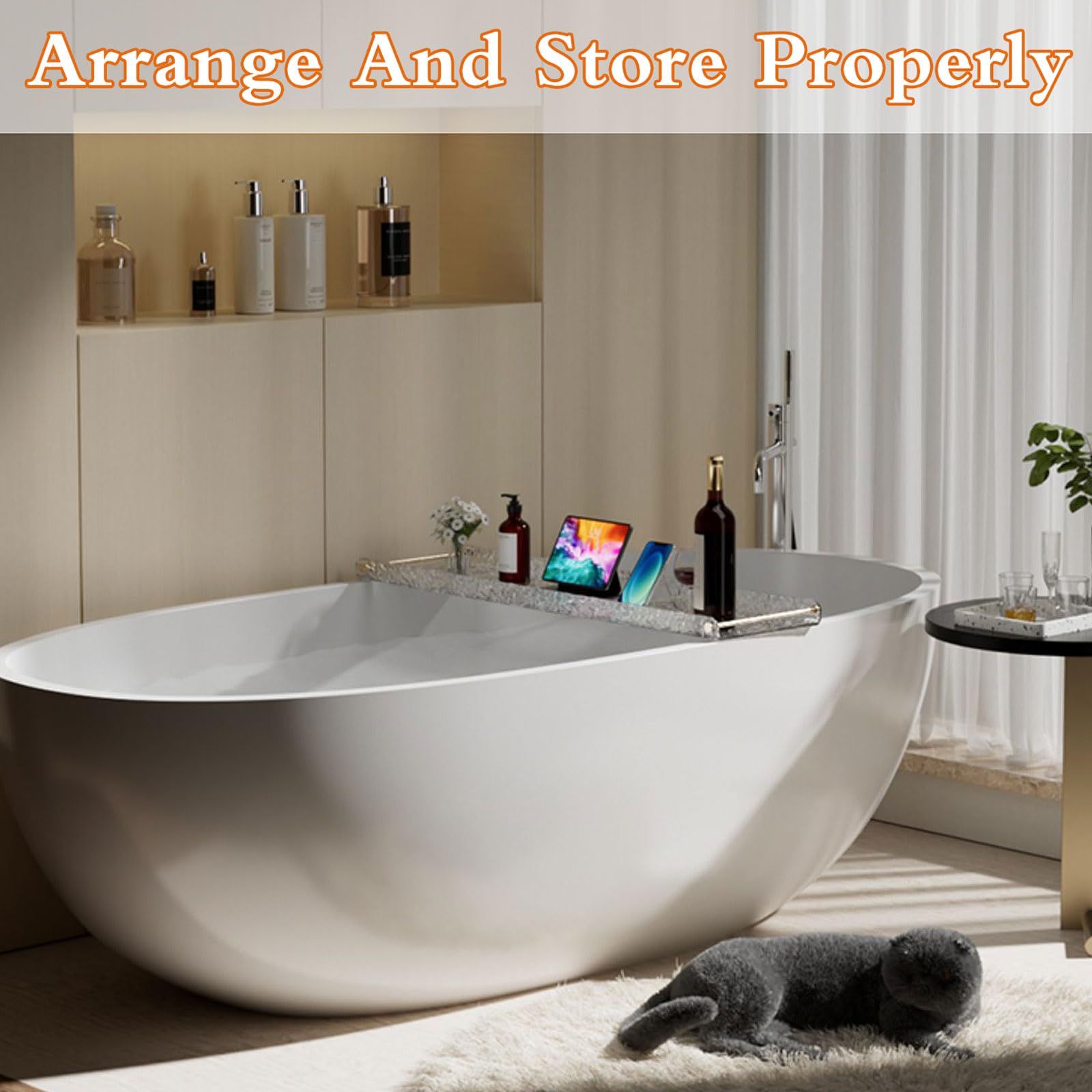 Bandeja de baño transparente impermeable – Estante de plástico para bañera, estante para velas, copas de vino, libros, teléfono, accesorios de bañera elegantes para relajarse
