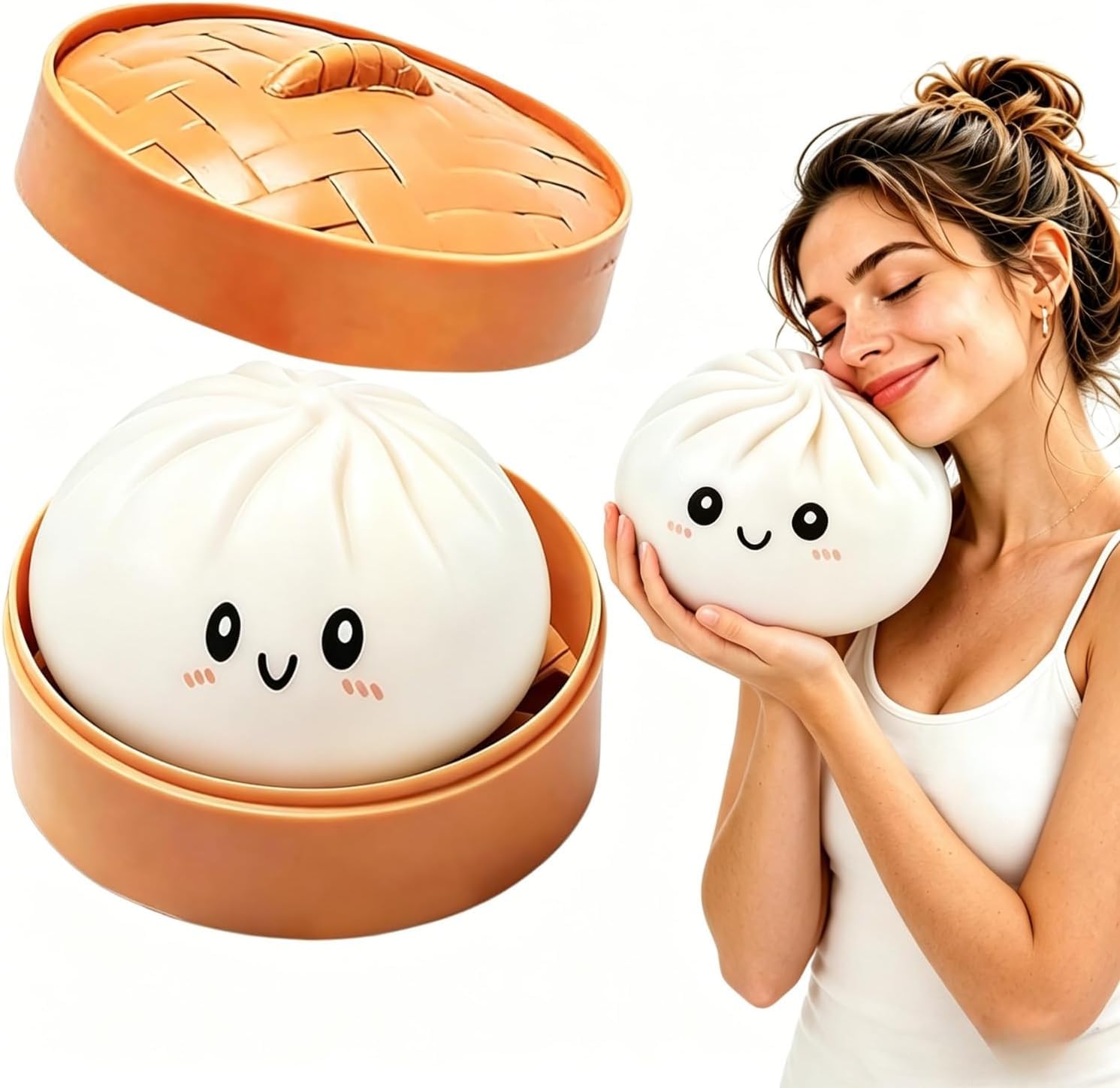 15CM Giant Dumpling Squishy with Steamer, Jumbo Extra Large Big Dumpling Stress Ball, Cute Soft Sensory Fidget Squeeze Anxiety Relief Fidget, Adult Fidget Tool (White-15CM)
