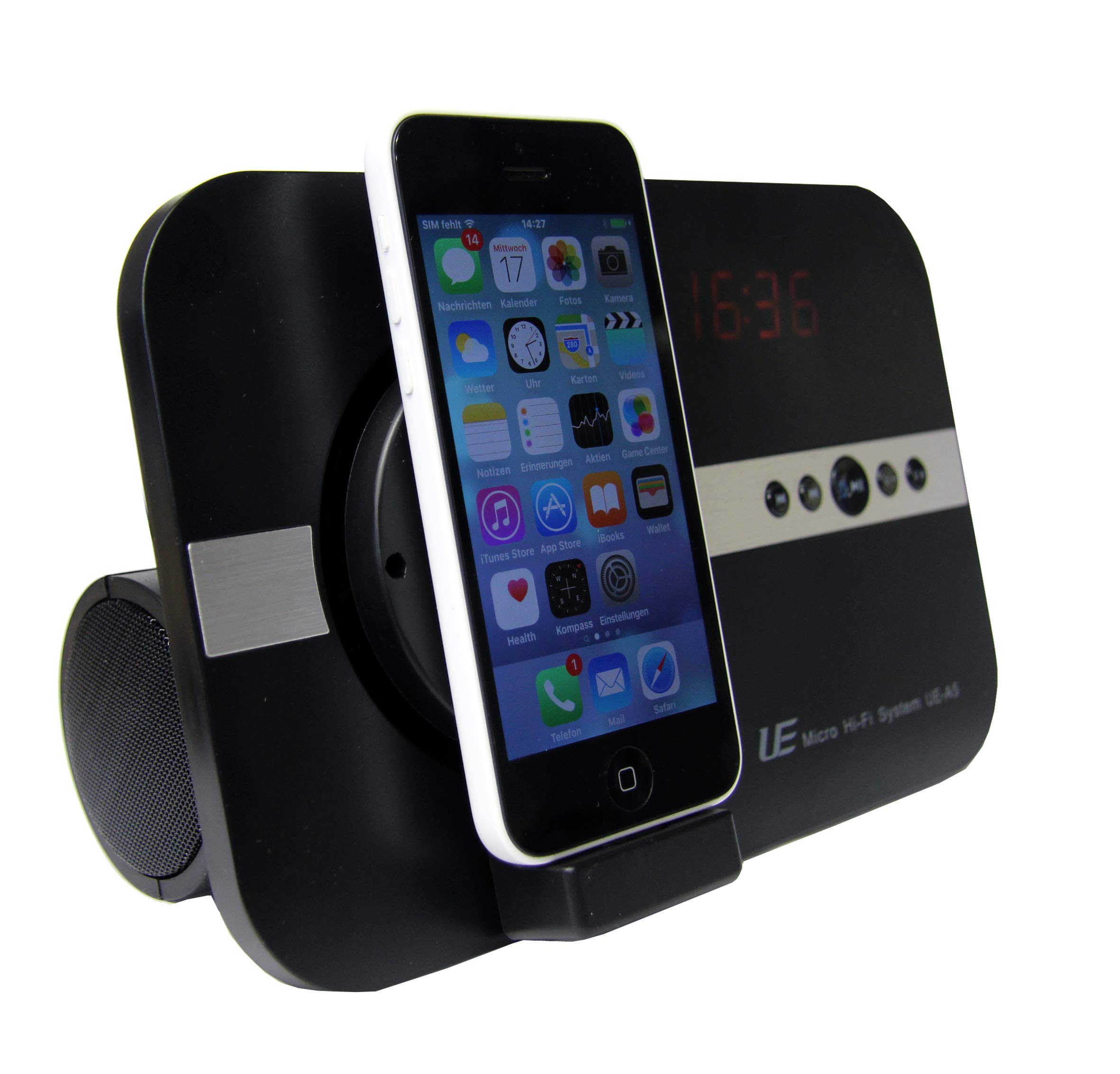 10 Watt Speaker Radio for Apple iphone X iphone 8 7 5 5S 6 6S SE plus ipod Touch 5G iPad Pro ipad mini Air ..* Alarm Clock & Radio & USB Interface & USB for U-disk & Bluetooth Remote control Cradle for music video Skype UK 3 Pin Plug - black