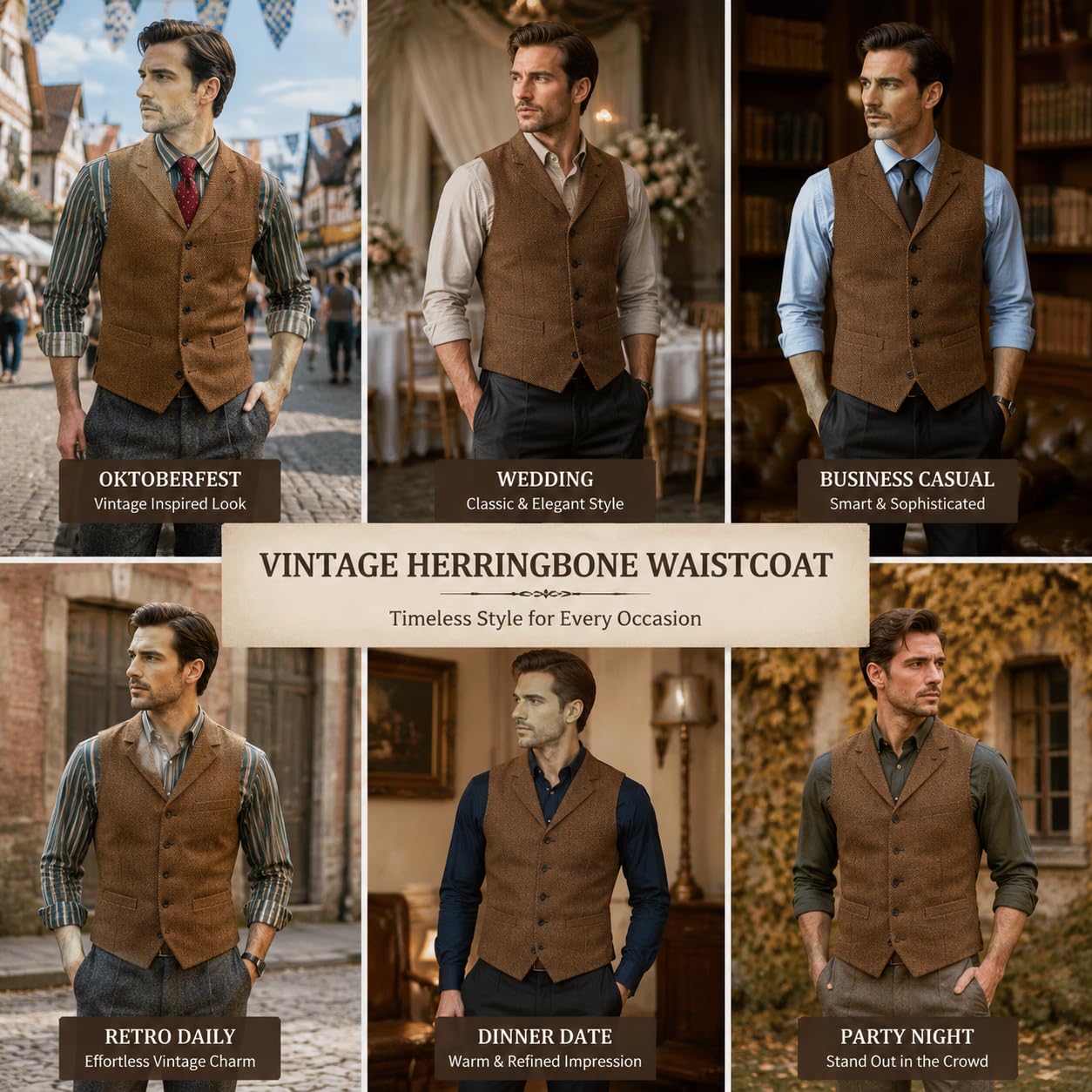Generico Gilet Da Uomo In Tweed, Vintage, Con Revers, 5 Bottoni, Tasca, Classico, Casual, A Spina Di Pesce, Ideale Per Matrimoni, Feste E Oktoberfest.