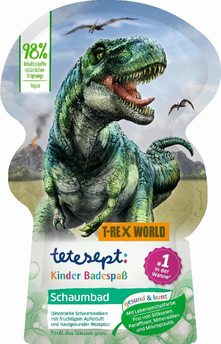 tetesept Kids Schaumbad Dino Abenteuer mit fruchtigem Apfelduft und pflegender Aloe Vera – 1 x 40 ml – dinostarker T-Rex-World Kinder Badespaß mit Badeschaum und grünem Wasser,cover may vary 1 x 40 ml