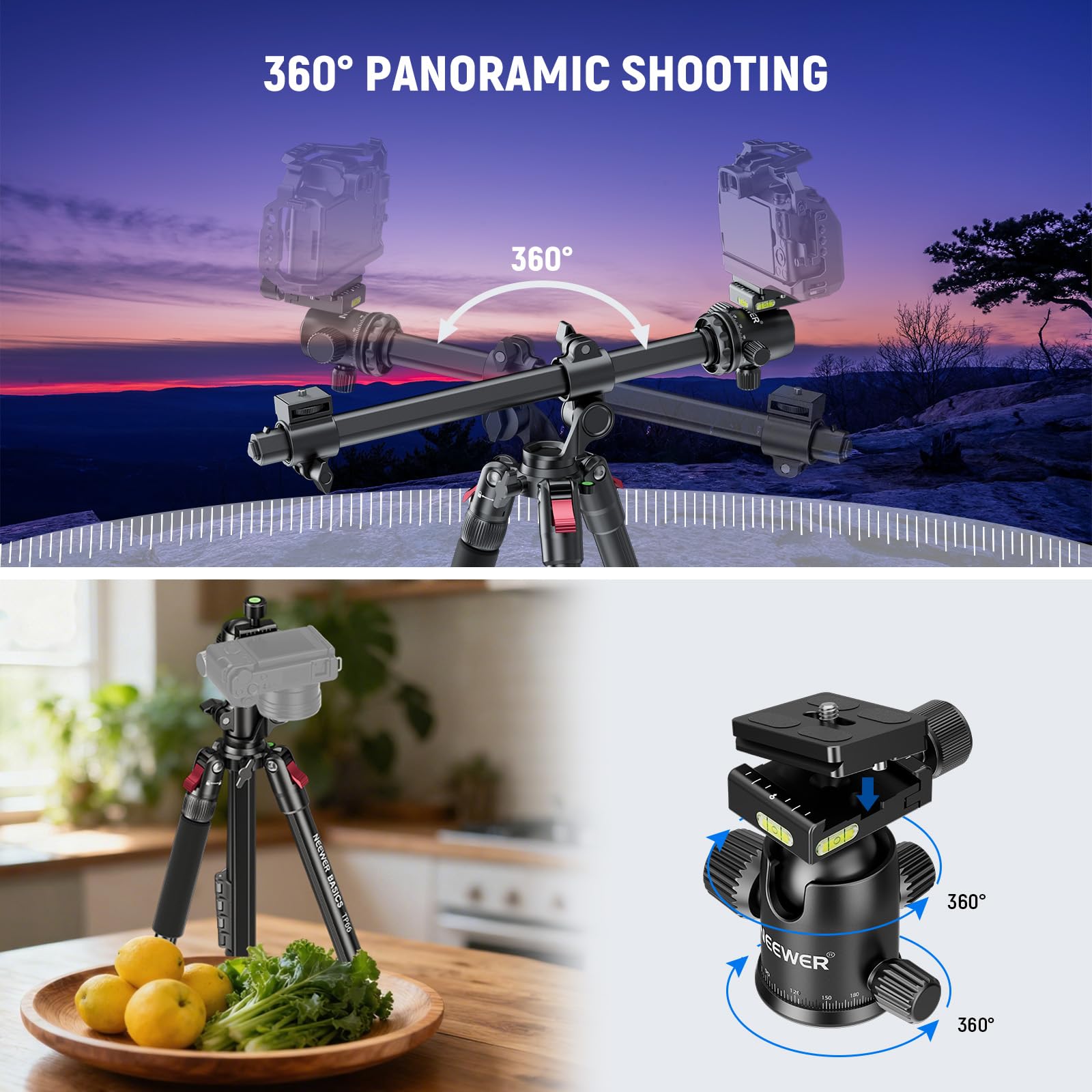 NEEWER BASICS 163.8 cm poziomy statyw monopod do podwójnego aparatu aluminiowy podróżny DSLR stojak na kamerę z uchwytem na telefon komórkowy kompatybilny z iPhone'em do nagrywania wideo, obciążenie