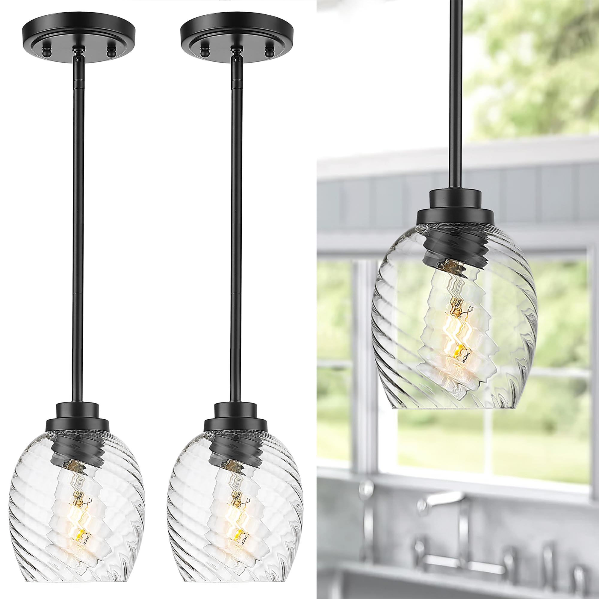 Pendant Lights Kitchen Island, 2 Pack Black Pendant Lighting with Striped Clear Glass Shade, Modern Hanging Light Fixtures for Entryway Dining Room, AD-22299-2P-BK