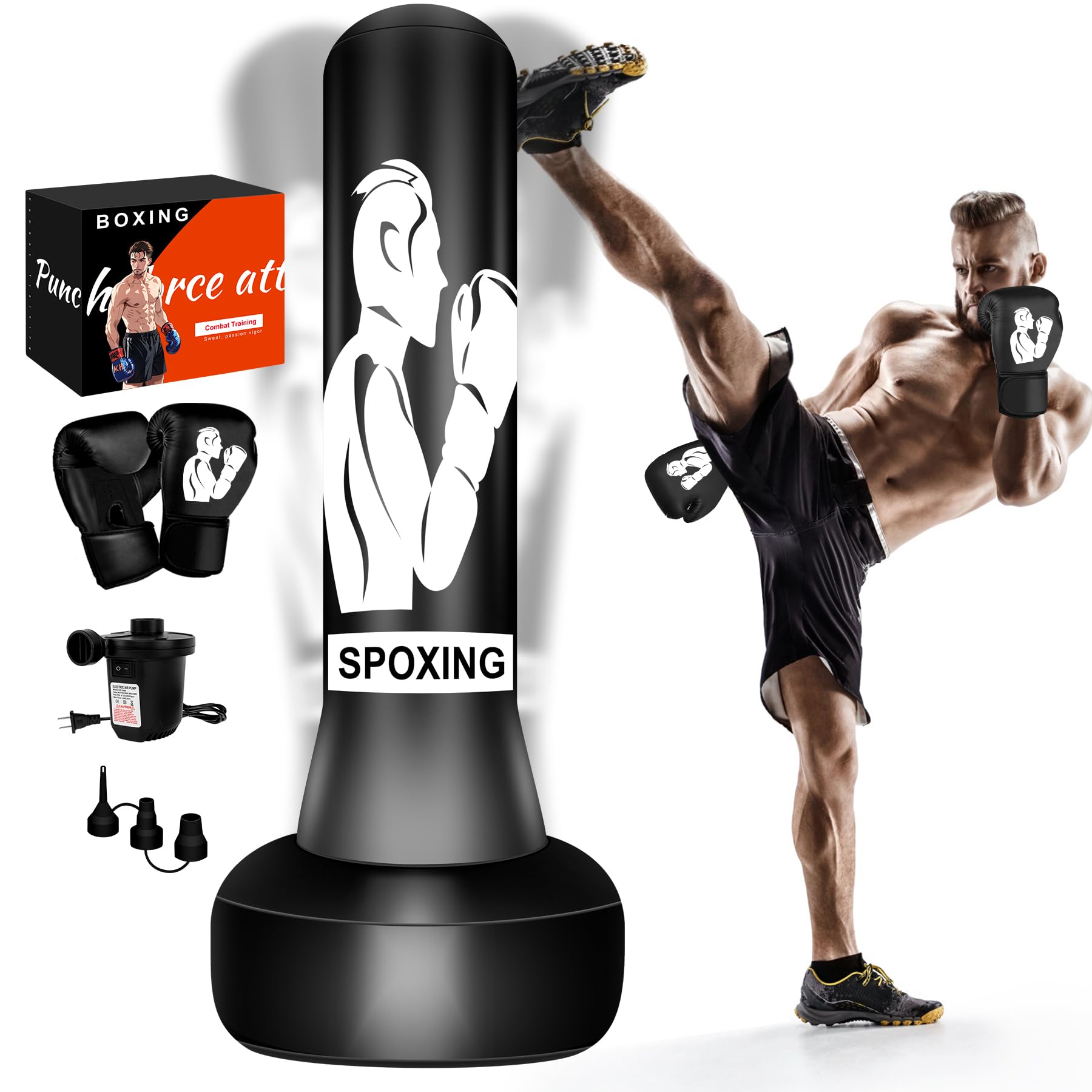 Sacco da boxe con supporto, 180 cm, autoportante, robusta attrezzatura da boxe per adulti, su misura per allenamento MMA, Muay Thai e fitness, ideale per kickboxing gonfiabile, in confezione regalo