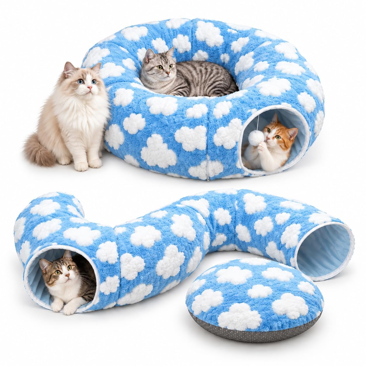 Cat Tunnel Bed with Soft Cushion, Cute Round Donut Jacquard Kitten Toys