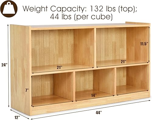 Miniatura 3 de Tangkula Estantería de madera con cubos, 2 niveles y 5 cubos, estante abierto, estantería multiusos, estante de exhibición para sala de estar,