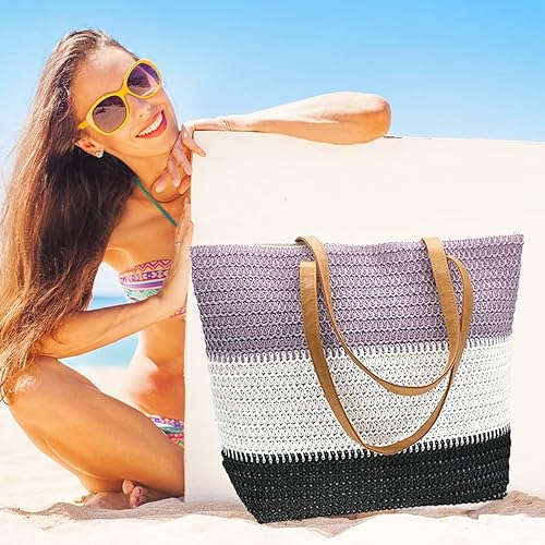 Miniatura 3 de Bolso grande de paja para mujer, tejido de ratán, bolso de playa de verano, a rayas, de color