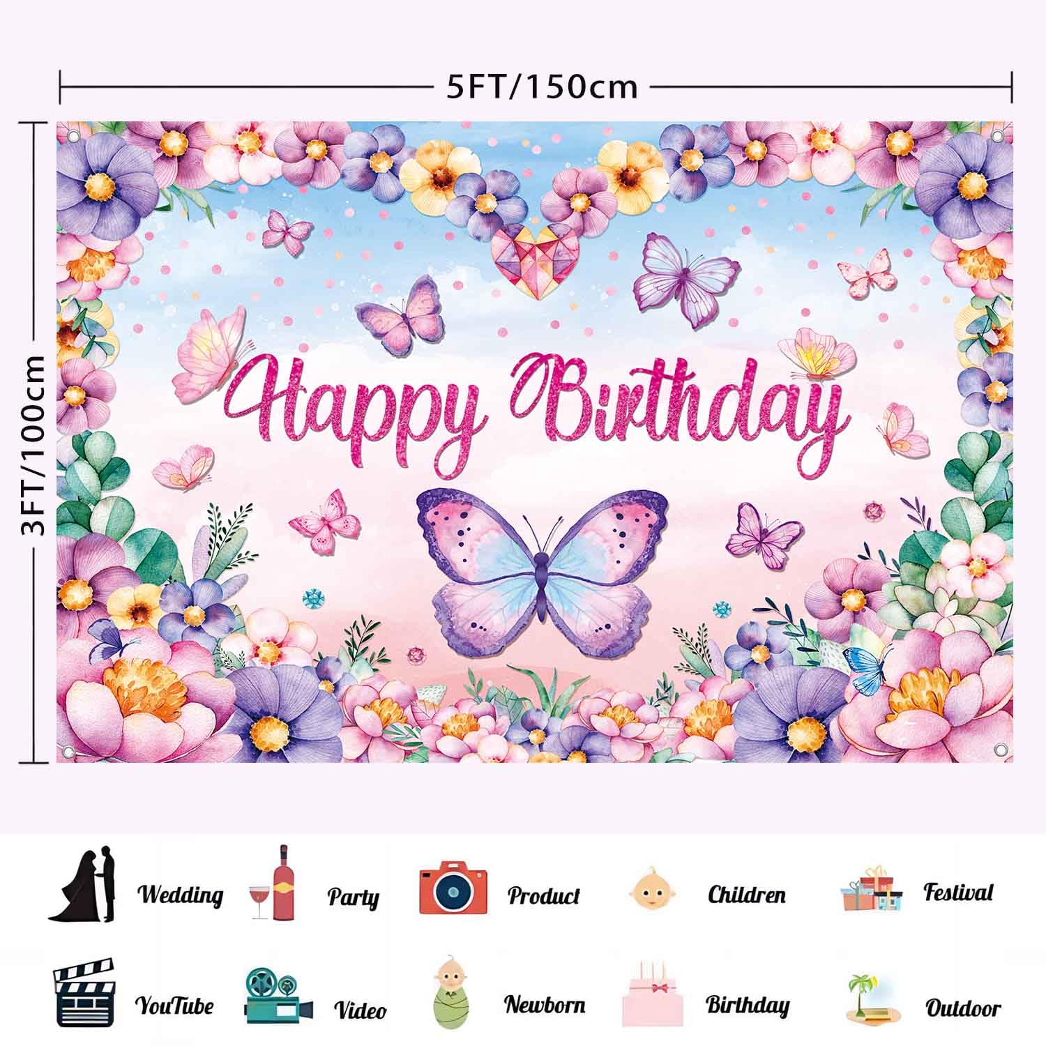 Fondo Fotografía Cumpleaños Fondo Fotográfico 2.2x1.5m - Globos, Flores, Mariposas, Vinilo, Para Cumpleaños Photocall Cumpleaños