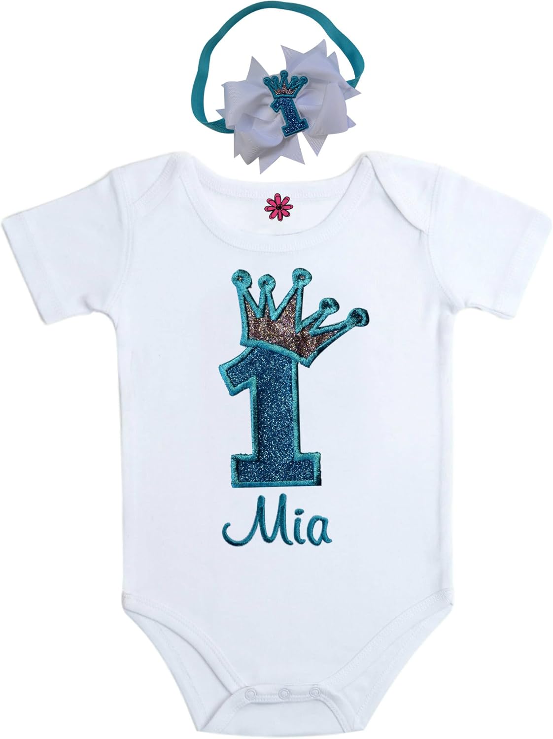 Baby Girl 1st Birthday Outfit Bodysuit Sparkling Glitter Crown with Custom Name and Matching Headband