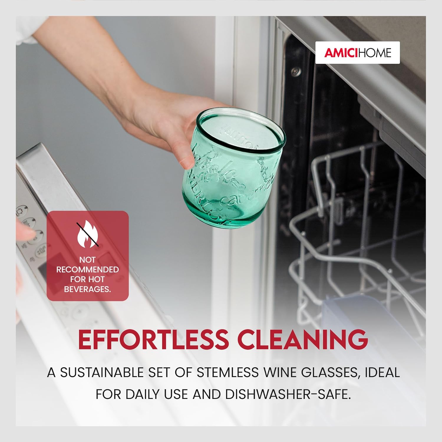 Amici Home Vino Stemless Wine Glasses | 12oz Italian Made, Recycled Green Glass Cute Water Tumblers for Wine, Beer, Juice, Cocktails, Fresh Drinks (Set of 6) Clear