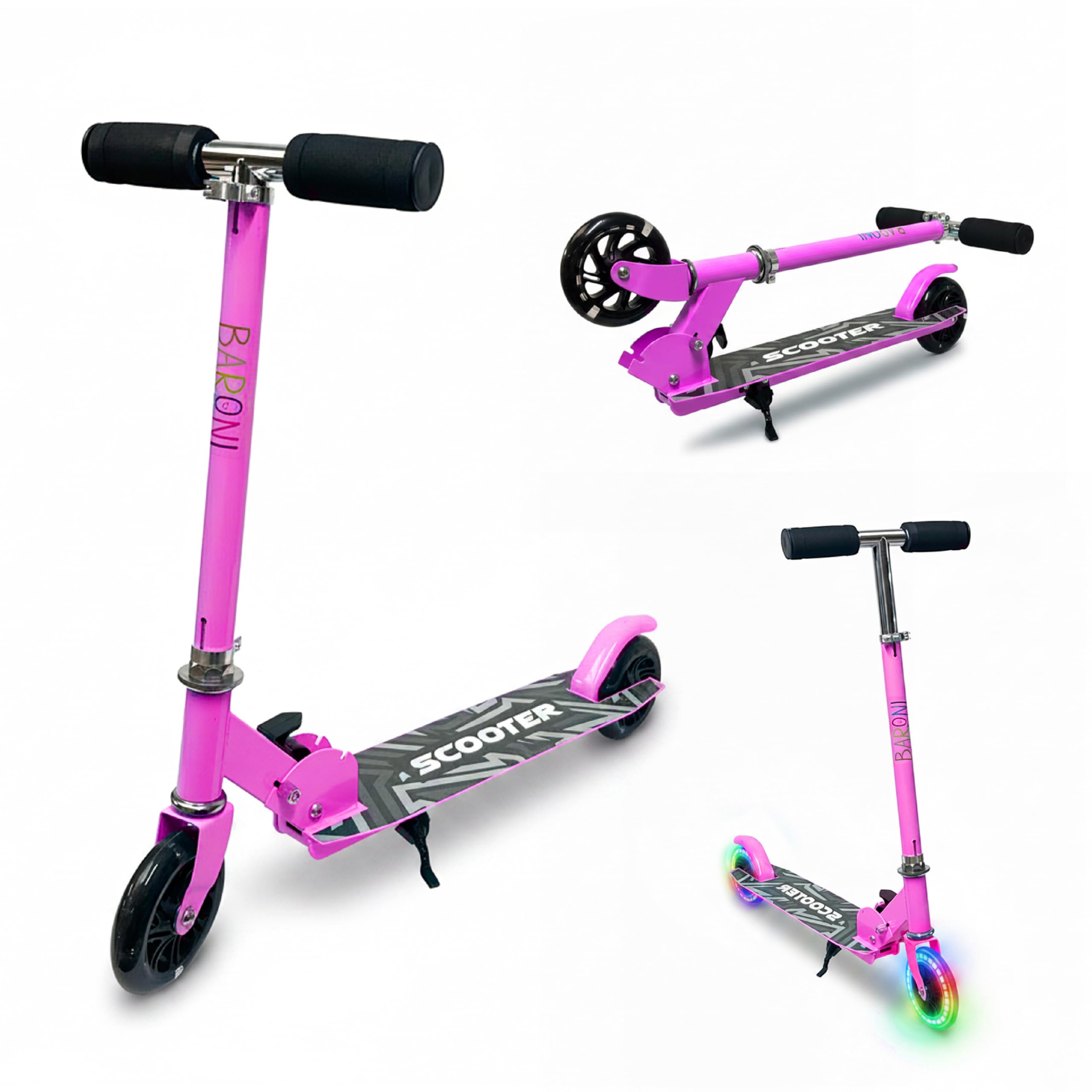 Baroni Toys Monopattino per Bambini dai 3 Anni con Ruote LED, Monopattino in Ferro, LED Senza Batterie, Manubrio Regolabile 60-80 cm, Richiudibile e Salvaspazio, Freno Posteriore, 28x70x80cm
