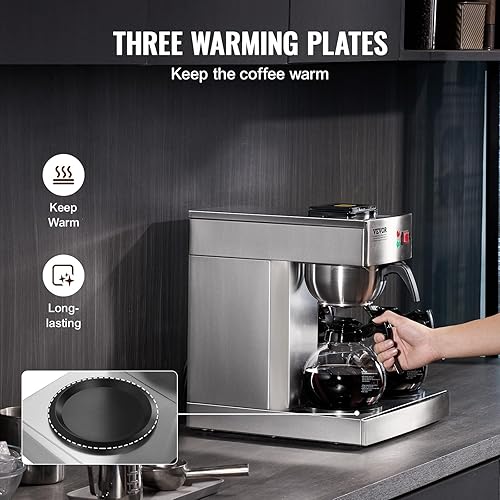 Miniatura 3 de VEVOR Cafetera de goteo comercial de 12 tazas, cafetera con 3 jarras de vidrio y 3 platos calentadores, cafetera de acero inoxidable para
