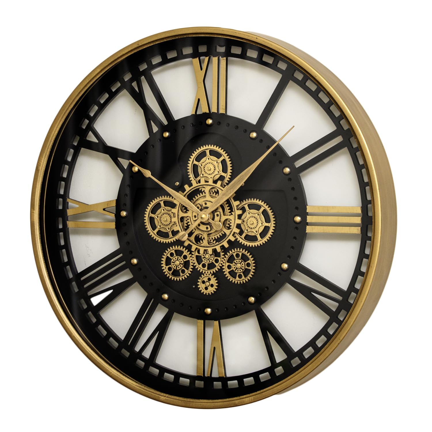 Darthome Antique Gold Moving Gears Round Wall Clock, Skeleton Transparent Dial, Roman Numeral, Metal, 60cm, Battery Operated