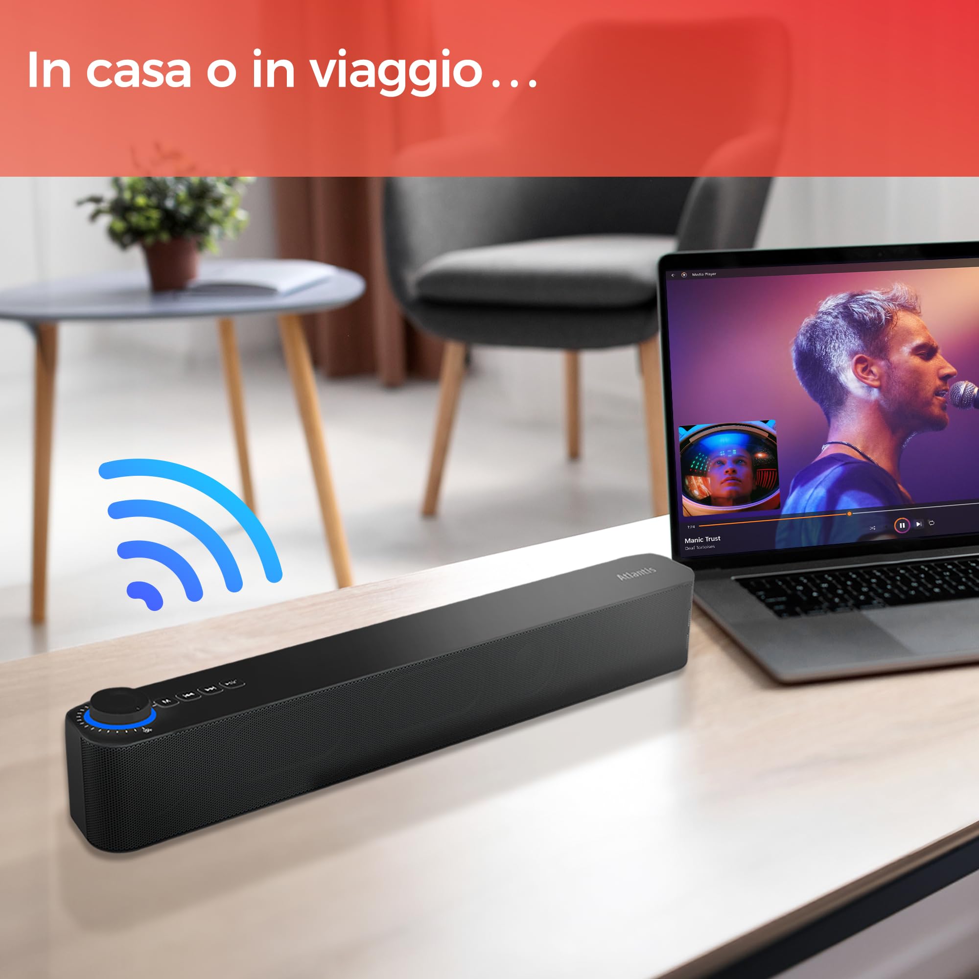 ATLANTIS Soundbar PC 20 W, głośnik PC, Jack 3.5 mm + Bluetooth 5.3 do smartfona, FireTV, gramofonu, odtwarzacza Batt. 2400 mhA, radia FM, głośnika PC, laptopa, telewizora, smartfona Dim 420 x 60 x 74