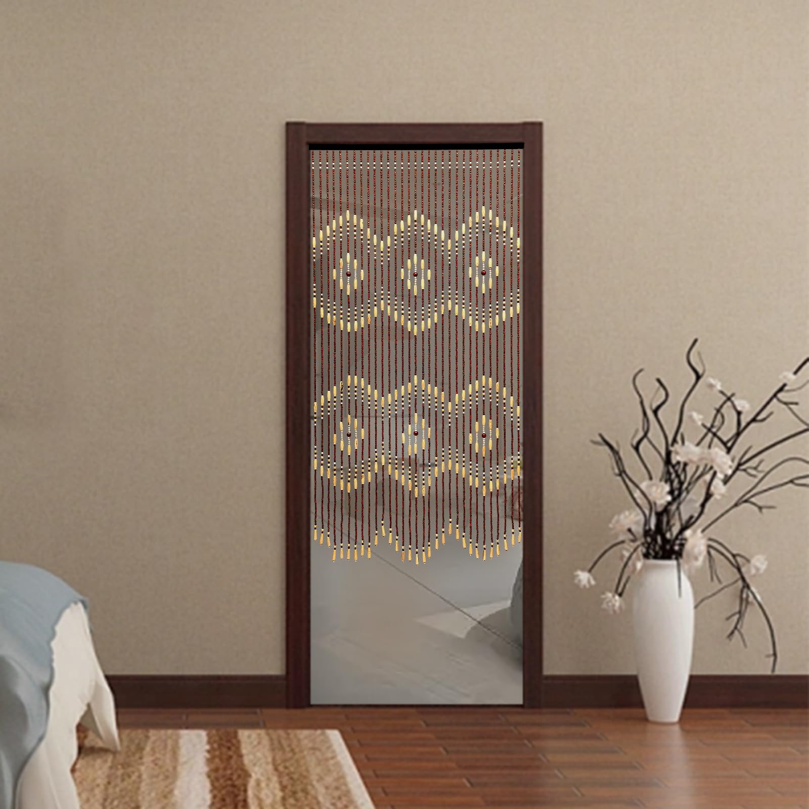 MINRS Tenda per porta, tenda decorativa, tenda in perle di bambù e legno, misure 90 x 175 cm, tenda in legno e bambù per porte in soggiorni, balconi, cortili, uffici, Beige e Marrone