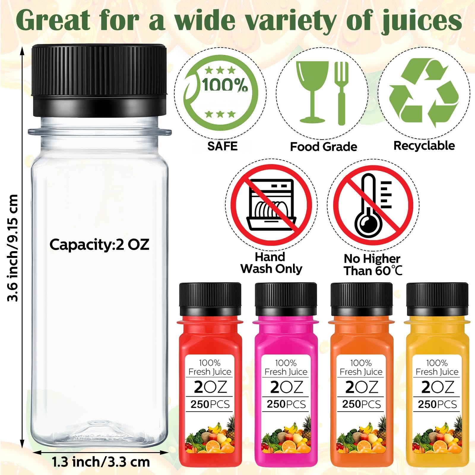 Sliner 250 botellas de jugo de plástico de 2 onzas a granel con tapas, pequeñas botellas de plástico transparentes para exprimir vasos de jengibre con tapas, mini tarros de refrigerador, reutilizables