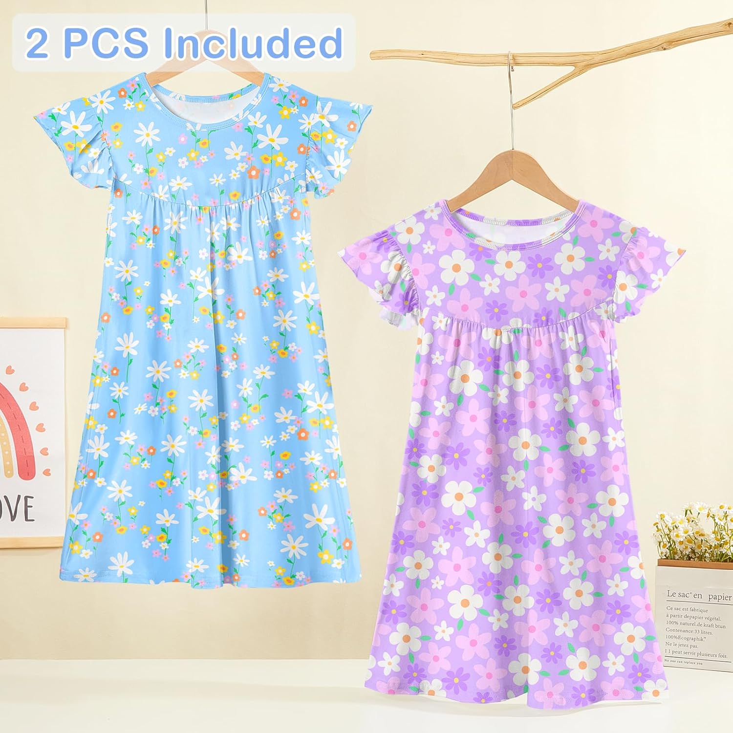 ICOSY 2PCS Girls Nightgowns Toddler Girl Pajamas Flutter Short Sleeve Princess Dress Sleepwear for Girls - Image 3