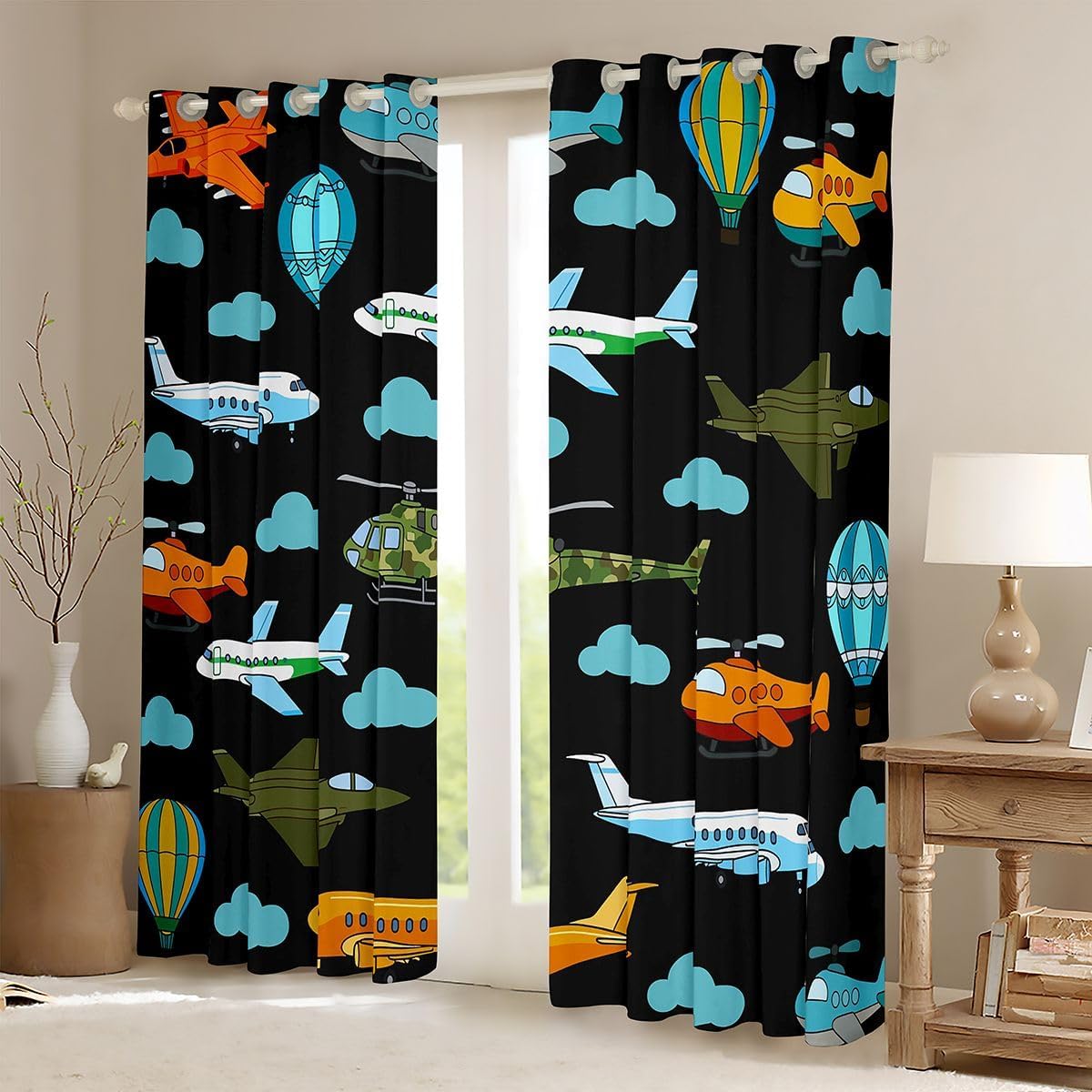 Castle Fairy 3D Airplane Bedroom Curtains Cute Clouds Bookshelf Window Drapes for Kids Cute Aircraft Blackout Drapes Window Treatments Grommet Top 52Wx96L Inch 2 Panel Set,Orange Black