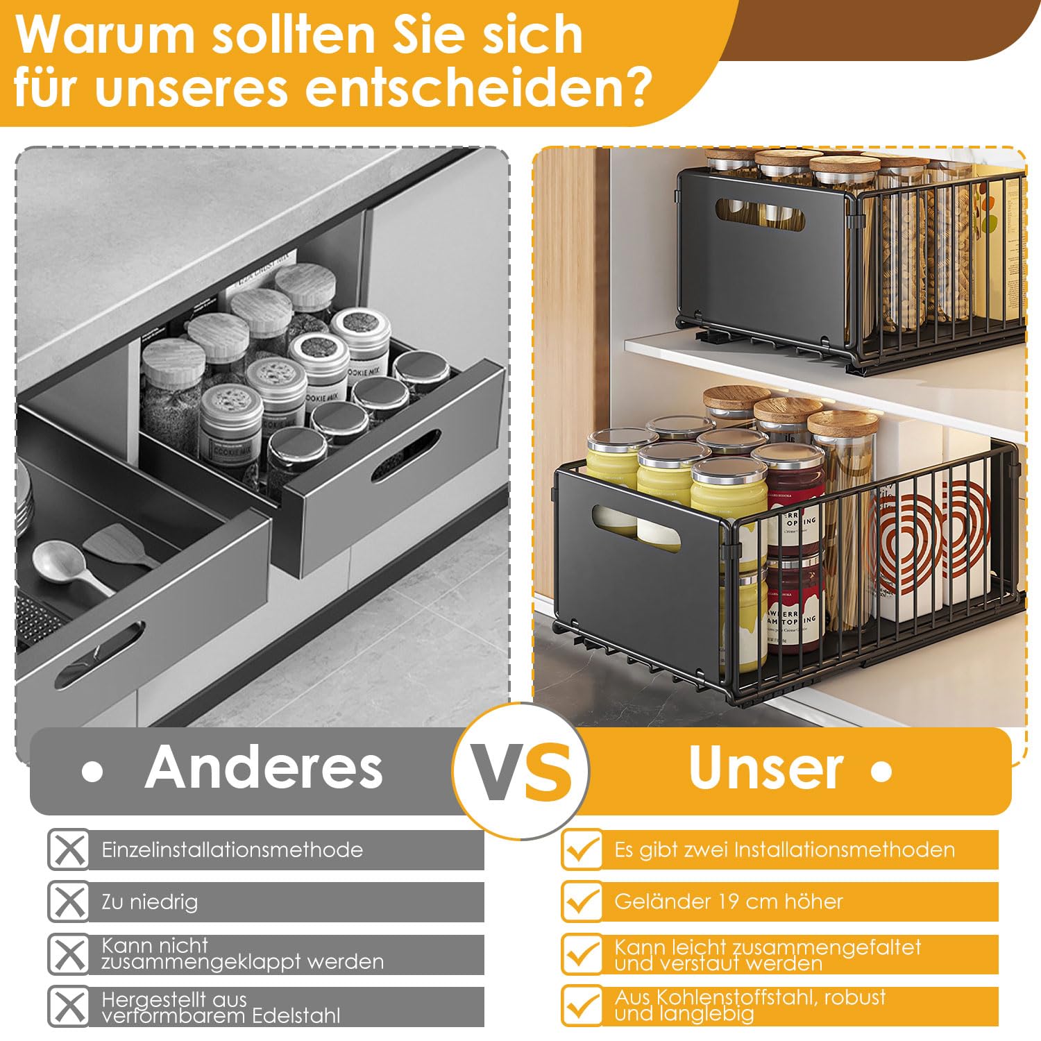 Telescopische lade, uittrekbare lade, keuken, metaal, uittrekbare