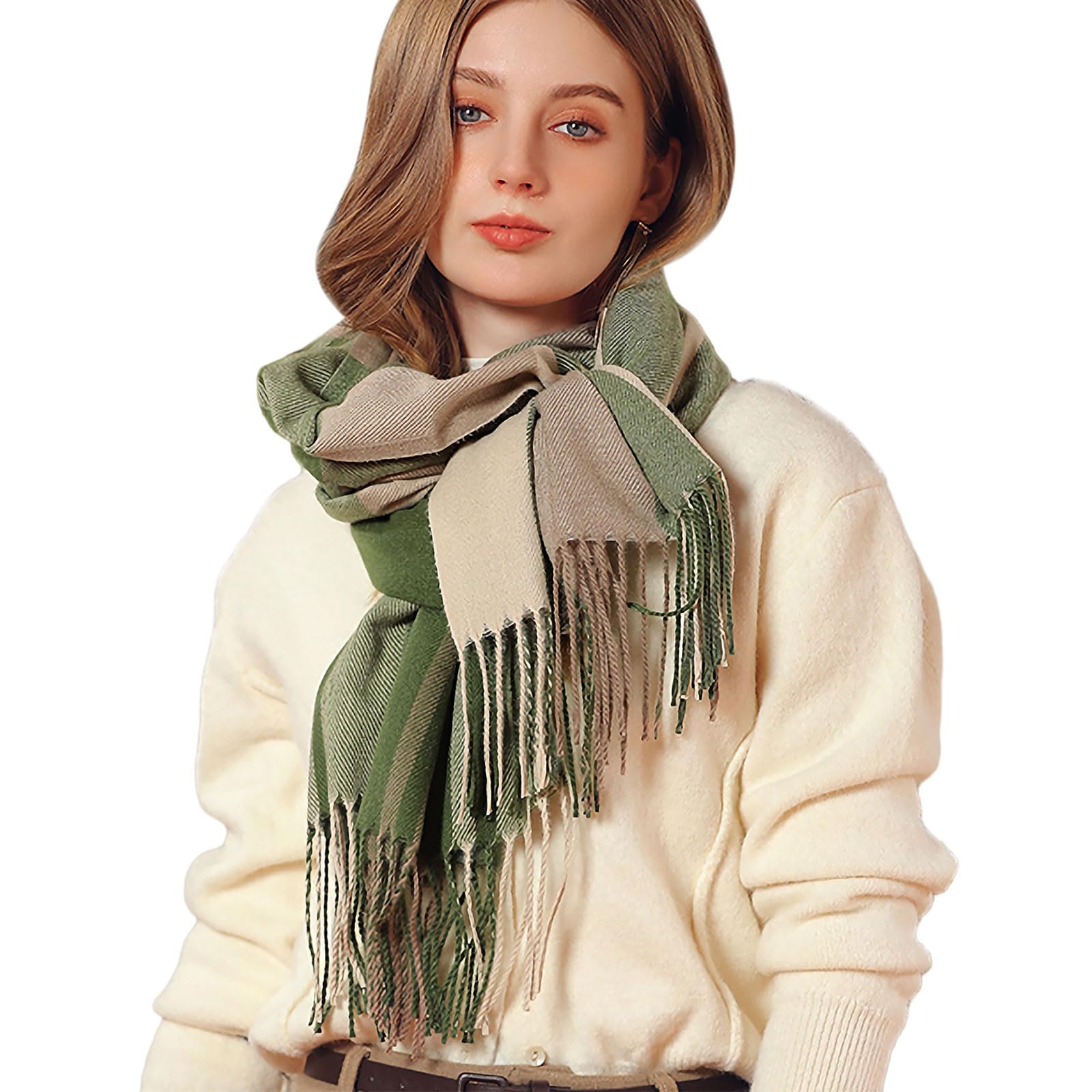 Minicoco Women's Green Scarves Soft Pashmina Shawls And Wraps Winter Tartan Scarf Warm Wool British Style Spinning Tassel Shawl Stole For Scarf Gifts For (65 * 185Cm, )