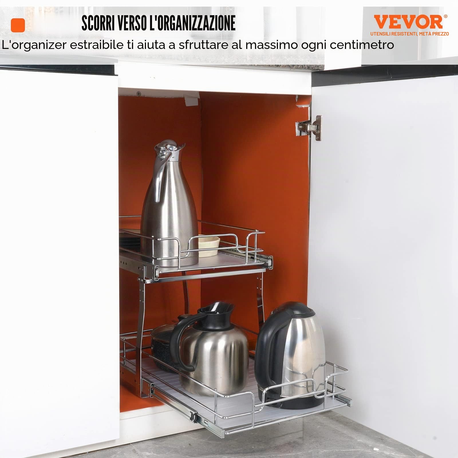 VEVOR Cestello Estraibile Sottolavello Cucina 2 Ripiani 322x533mm e 300x516mm in Acciaio Cromato, Cestello Scorrevole Carico max. 30kg, Portautensili
