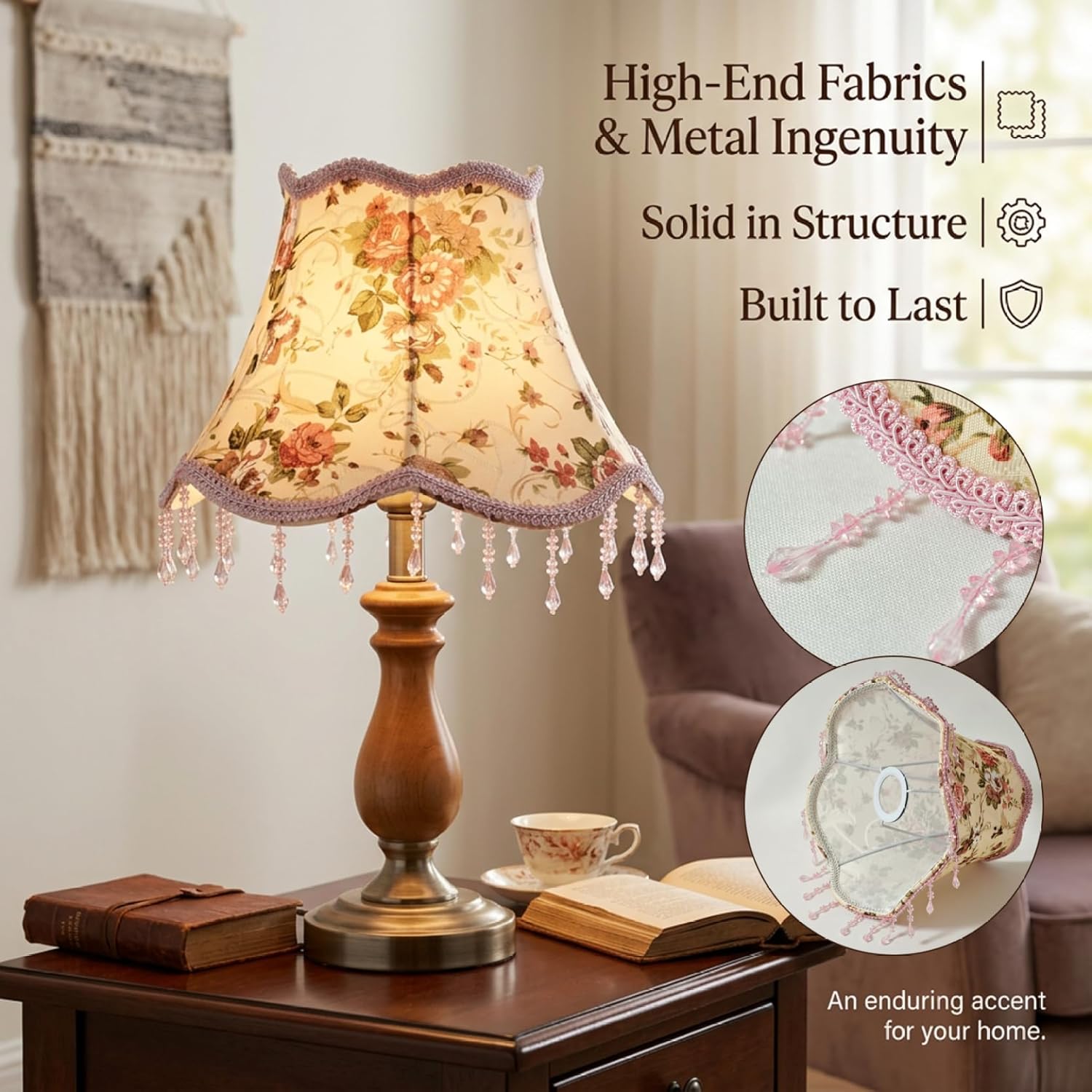Flower Lamp Shade, Handcrafted Fabric Lampshade with Pearl Fringe for Soft Light, Vintage Style Lamp Shades for Table and Floor, Floral Shade, Vintage