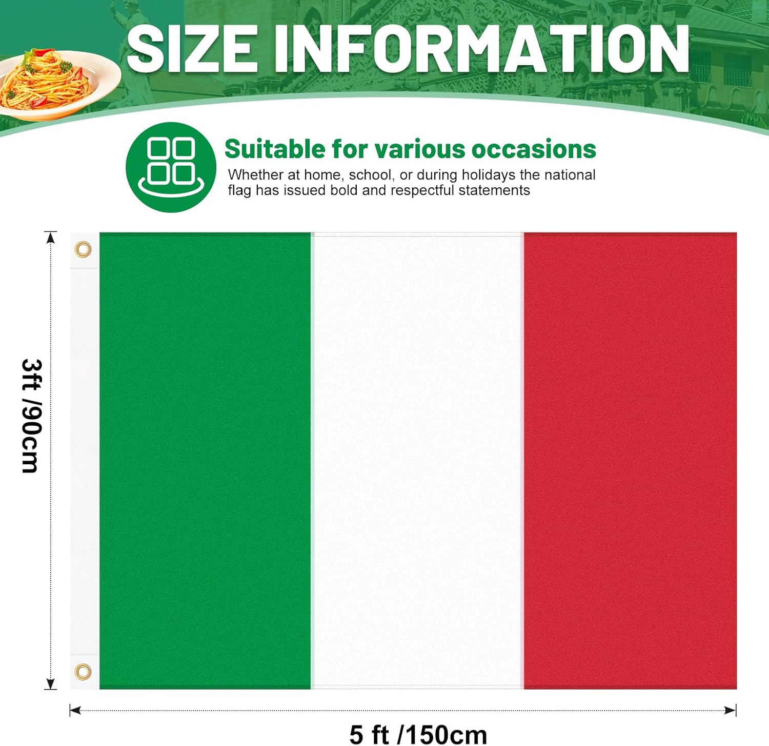 Italy Flag 3x5 FT Heavy Duty Outdoor, Sewn Green, White, and Red Stripes | Double Sided 210D Oxford Fabric | Brass Grommets and 4 Stitch Hemming | Country of Italy IT Flags for Outside House Garden