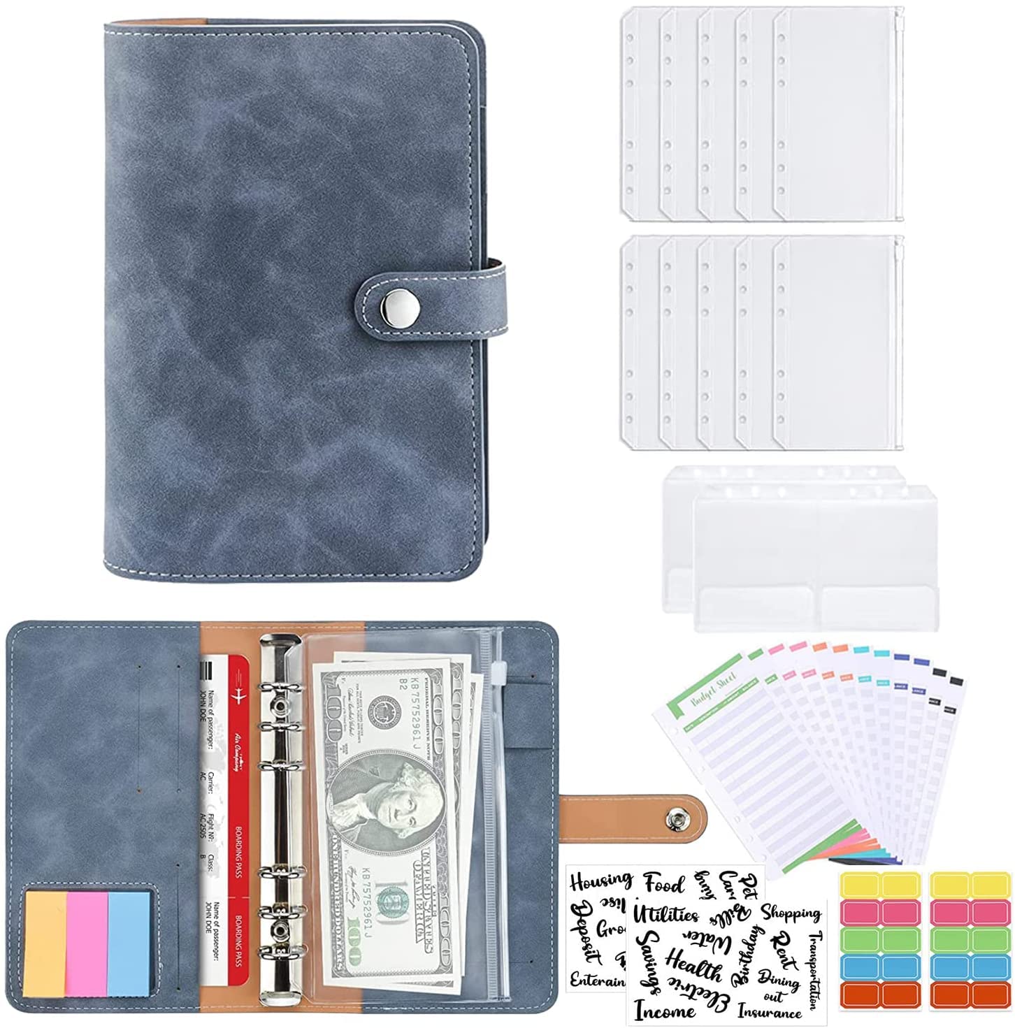 A6 Binder Budget Notebook, 6 Holes Loose Leaf Notebook with 10 Pieces Binder Pockets Label Stickers Food Budget Leaves Notebook Ring Binder (Blue)