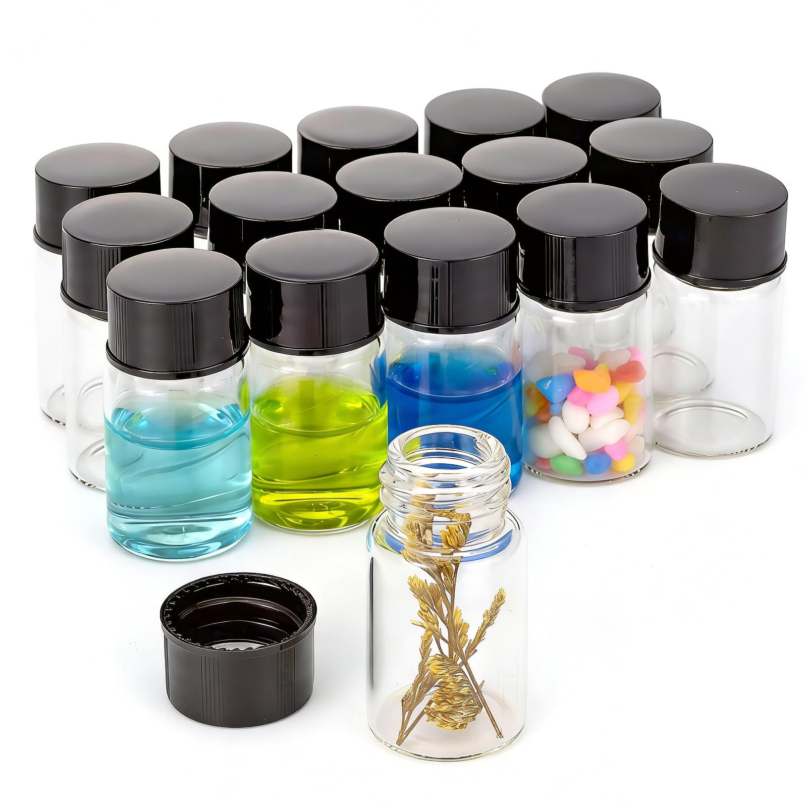 Mini flaconcini trasparenti da 7 ml in vetro con tappo a vite nero, contenitori da viaggio trasparenti per test di laboratorio, confezione da 16