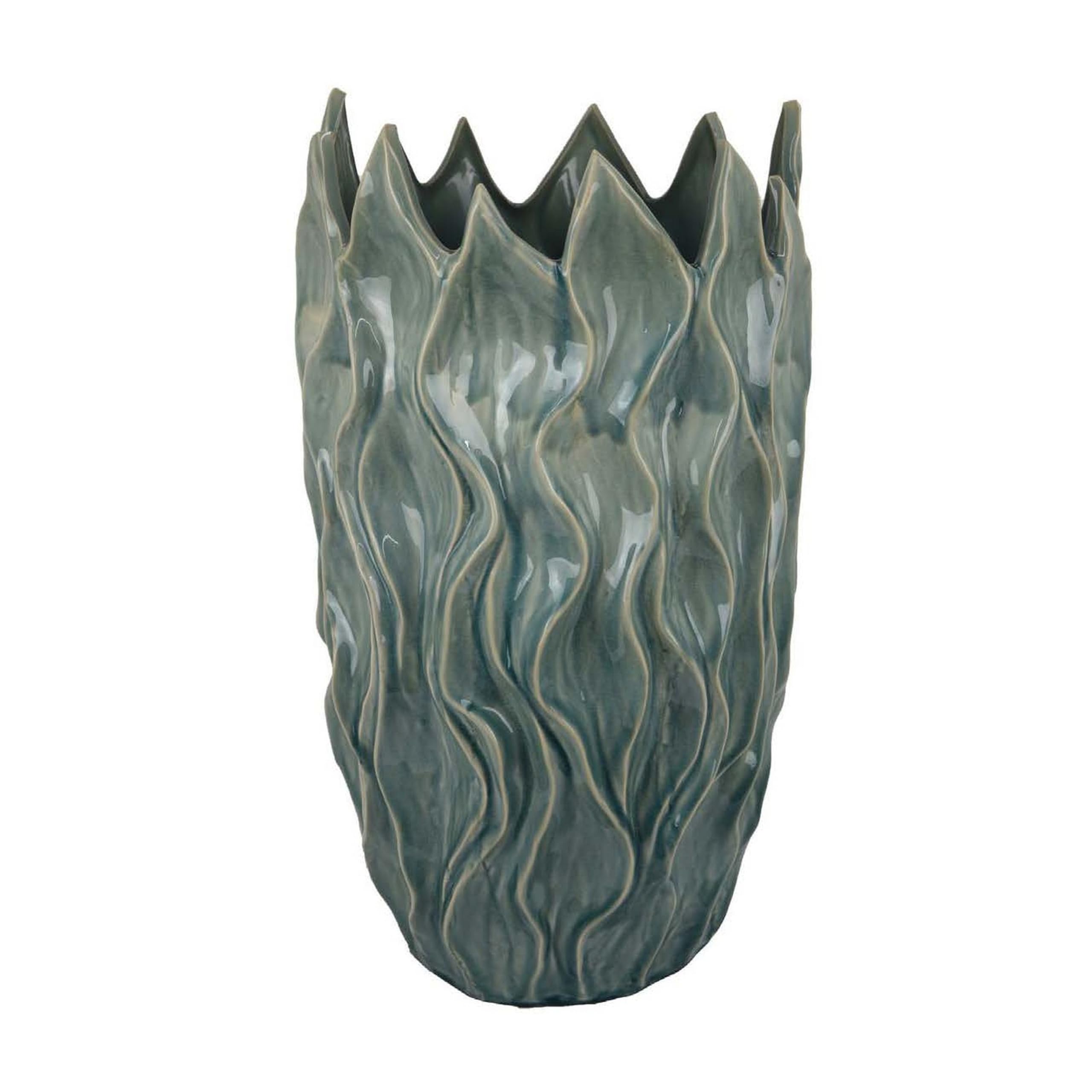 Benjara Esen Decorative Vase, Abstract Wave Design, 22 Inch Green Ceramic