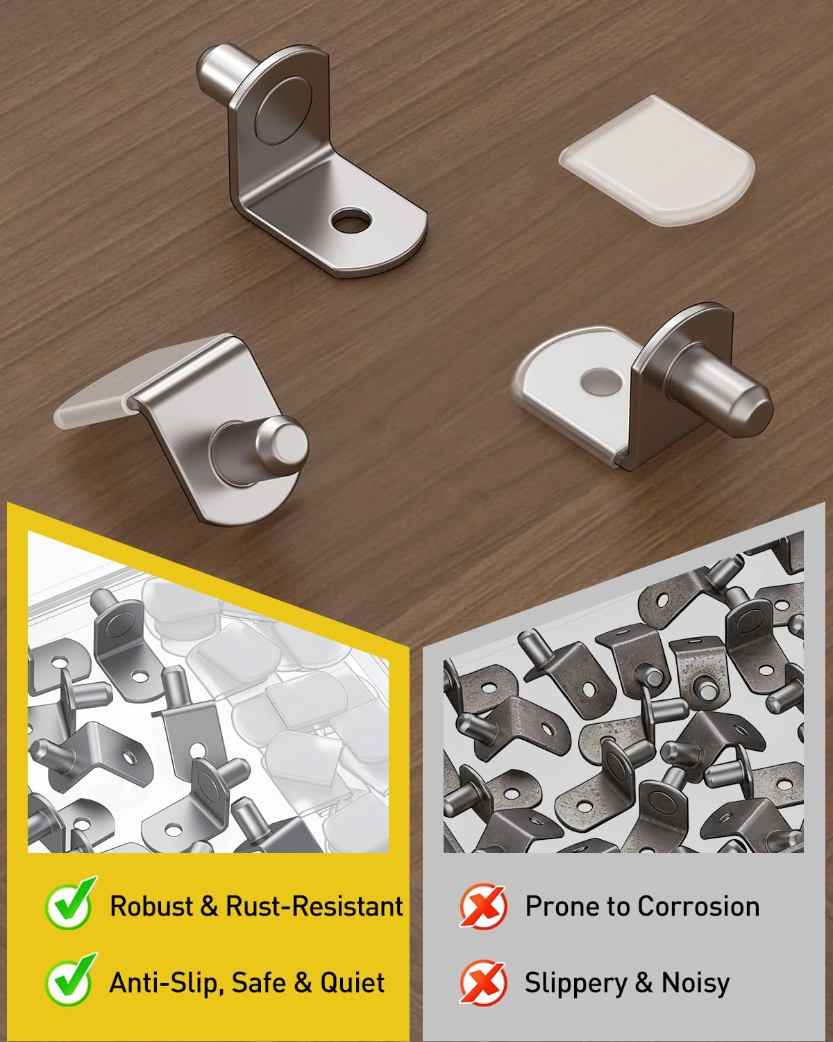 Vibit 50 Pcs L-Shaped Shelf Support Pegs, 6mm Cabinet Shelf Pins with Rubber Sleeves, Cabinet Shelf Pegs with Hole, Nickel Plated Metal Shelf Brackets, Shelf Holders for Glass Kitchen Closet Bookcase — Amazon image 6