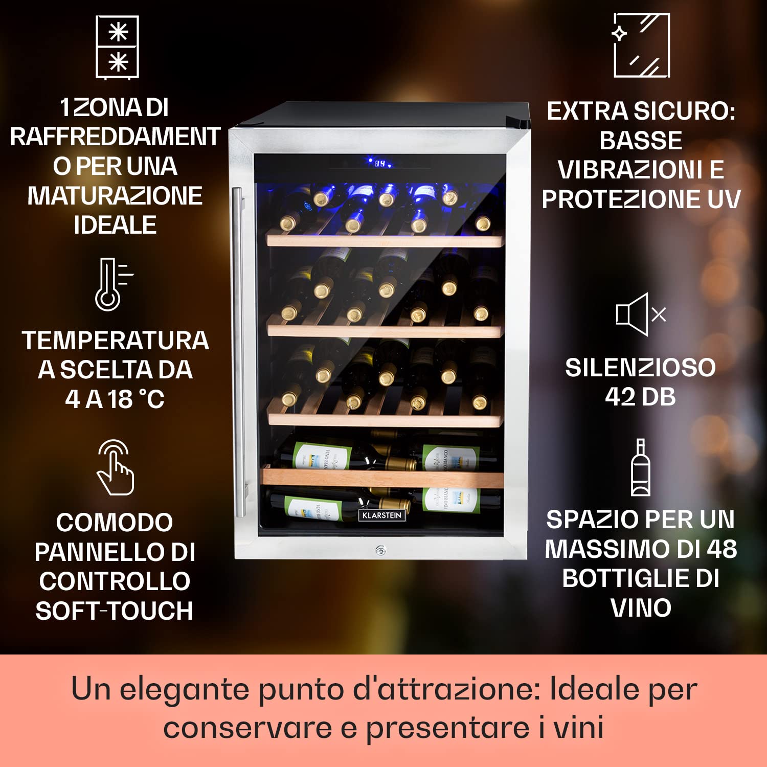 KLARSTEIN Cantinetta Vino, Frigo Bar con Vetrina, Mini Bar, Cantina Vino Refrigerata a Zona Singola per Interno/Esterni, 48 Bottiglie, 128L, Nero - Agrento