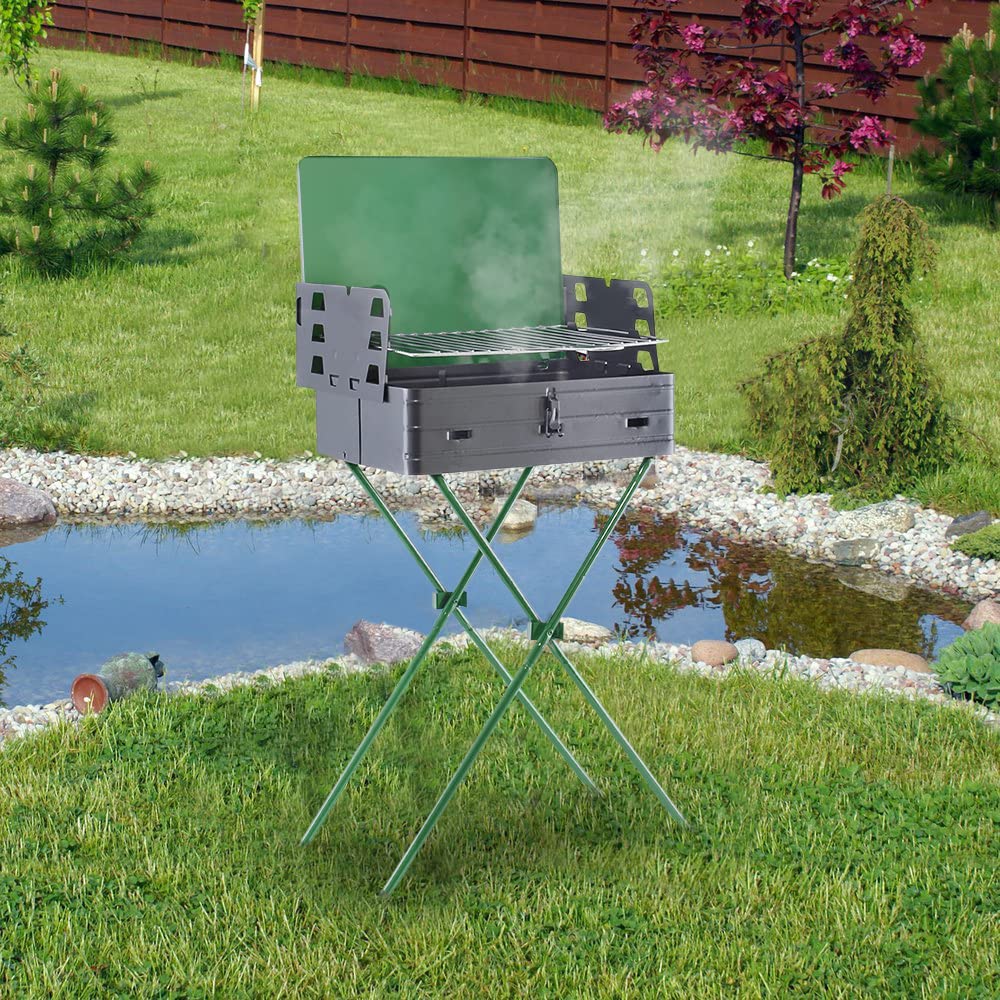 Mediawave Store - Barbecue Richiudibile a Valigetta BAR007 con griglia in acciaio, Barbecue da Asporto, Funziona a Carbonella, Classico Barbecue, Fornacella Barbecue, Verde